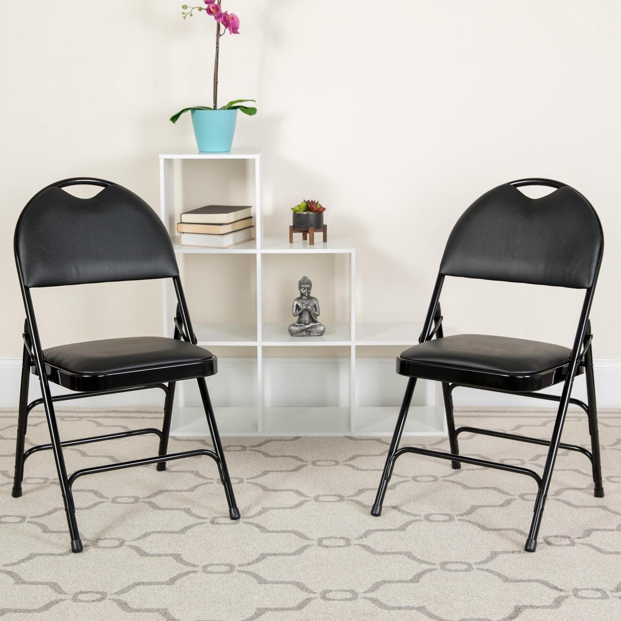 Alt view image 2 of 20 - 2 Pk. HERCULES Series Ultra-Premium Triple Braced Black Vinyl Metal Folding Chair with Easy-Carry Handle