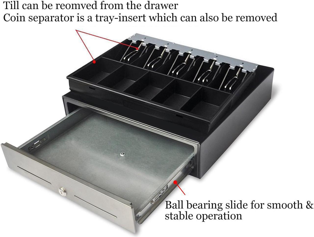 Alt view image 2 of 5 - Beelta Cash Register Drawer 16” for Point of Sale (POS) System with Fully Removable Cash Tray, 5 Bill slots / 5 Coin slots, 24V, RJ11/RJ12 Key-Lock, Media Slot, SPCC, Black