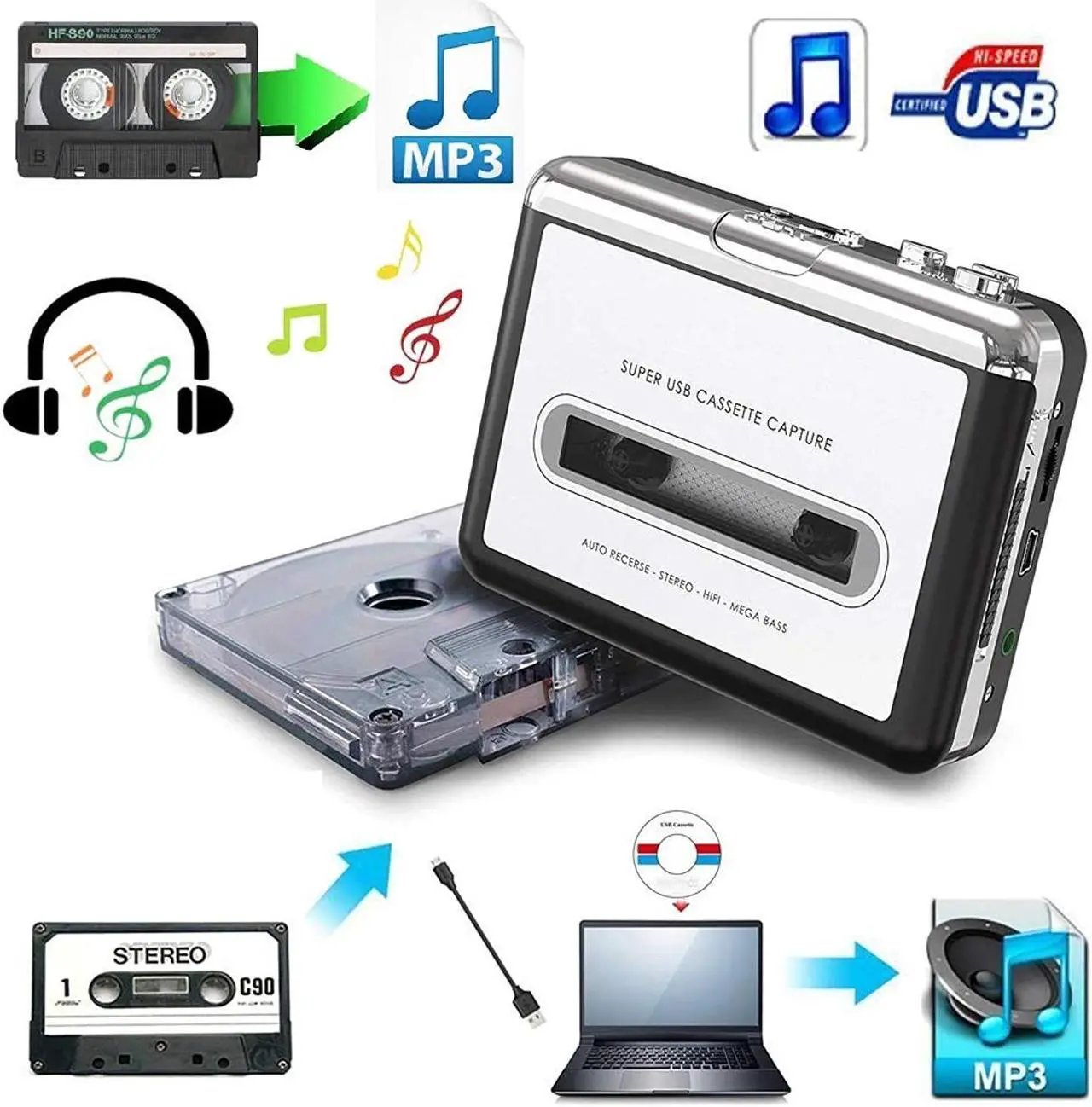 Alt view image 2 of 7 - Cassette Player-Cassette Tape To MP3 CD Converter Via USB,Portable Cassette Tape Converter Captures MP3 Audio Music,Convert Walkman Tape Cassette To MP3 Format,Compatible with Laptops Mac and Personal