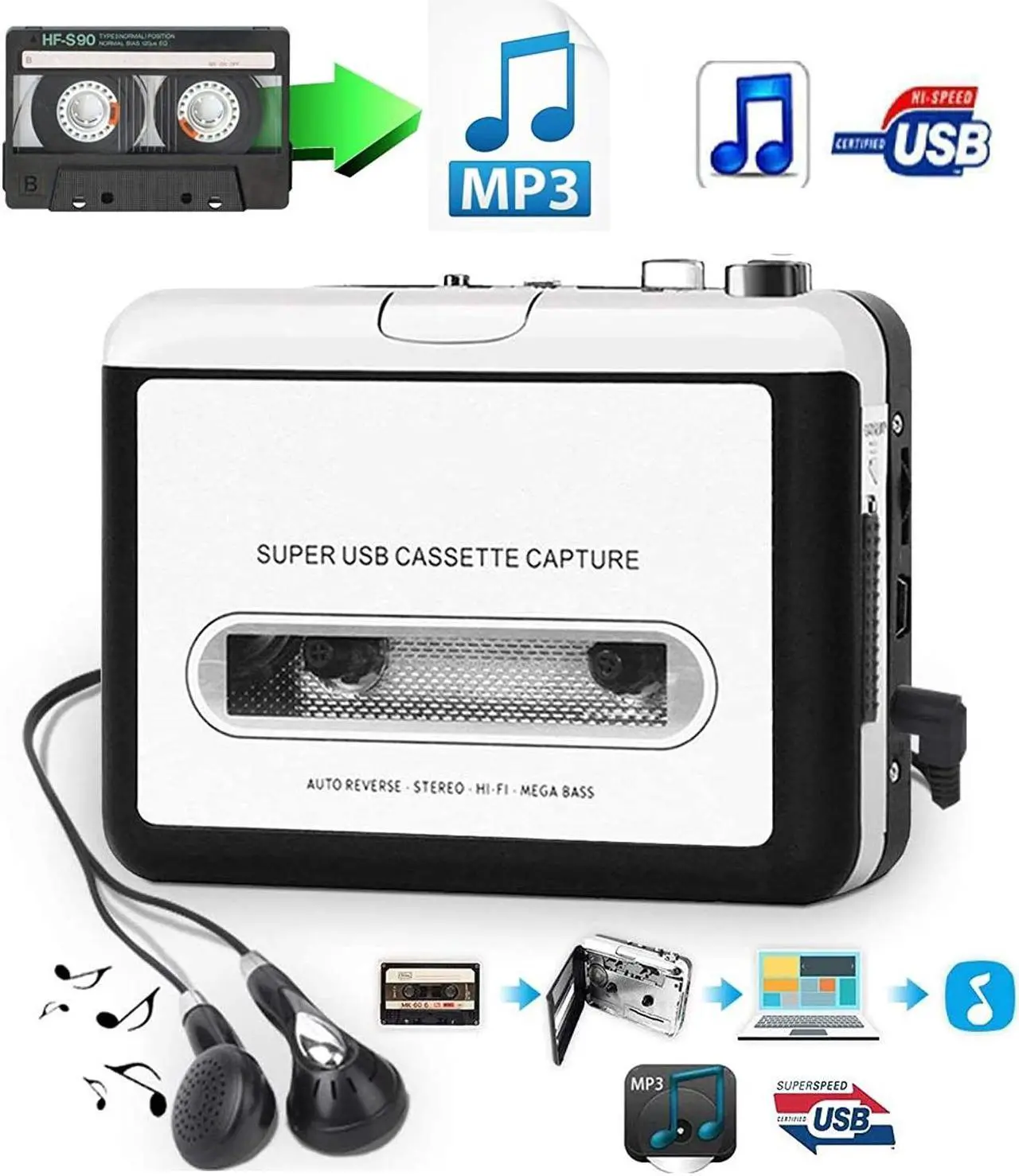 Main image of Cassette Player-Cassette Tape To MP3 CD Converter Via USB,Portable Cassette Tape Converter Captures MP3 Audio Music,Convert Walkman Tape Cassette To MP3 Format,Compatible with Laptops Mac and Personal
