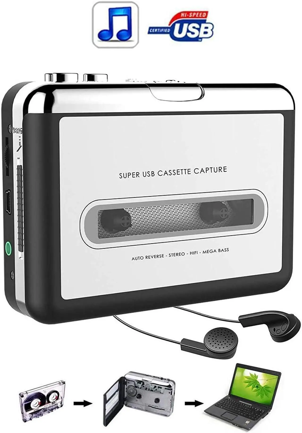 Alt view image 3 of 7 - Cassette Player-Cassette Tape To MP3 CD Converter Via USB,Portable Cassette Tape Converter Captures MP3 Audio Music,Convert Walkman Tape Cassette To MP3 Format,Compatible with Laptops Mac and Personal