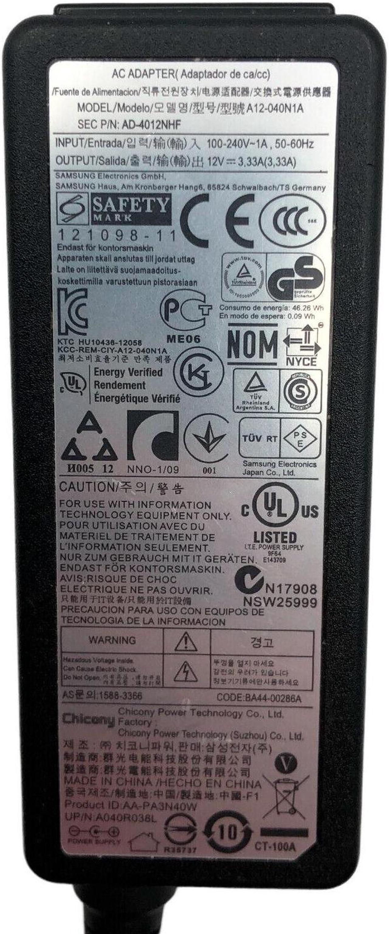 Alt view image 2 of 5 - OEM AC Adapter 12V 3.33A for Samsung XE700T1C XE500T1C Tablet Chromebook w/PC