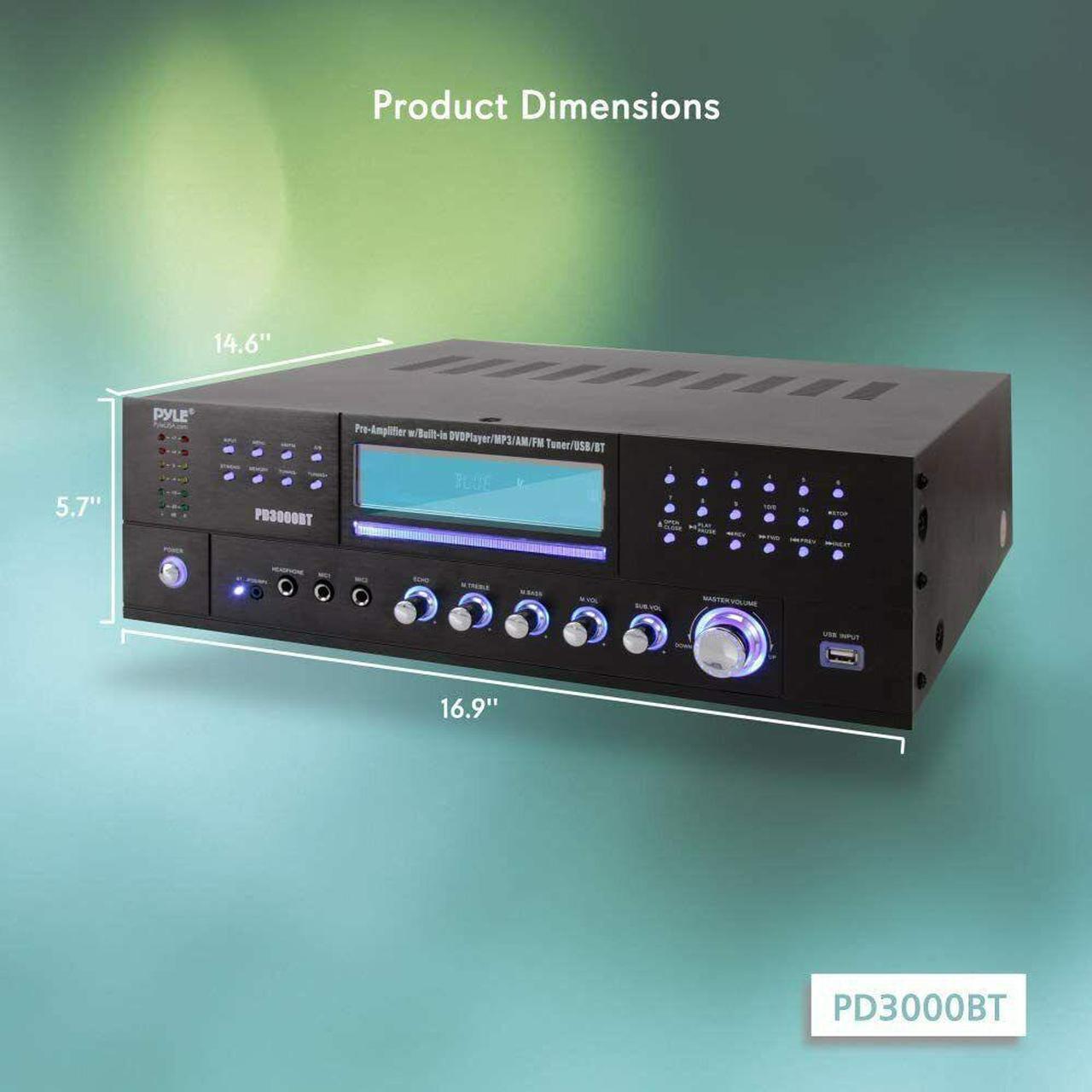 Alt view image 10 of 14 - 4-Channel Home Theater Bluetooth Preamplifier - 3000 Watt Stereo Speaker Home Audio Receiver Preamp w/ Radio, USB, 2 Microphone w/ Echo for Karaoke, CD DVD Player, LCD, Rack Mount - Pyle PD3000BT
