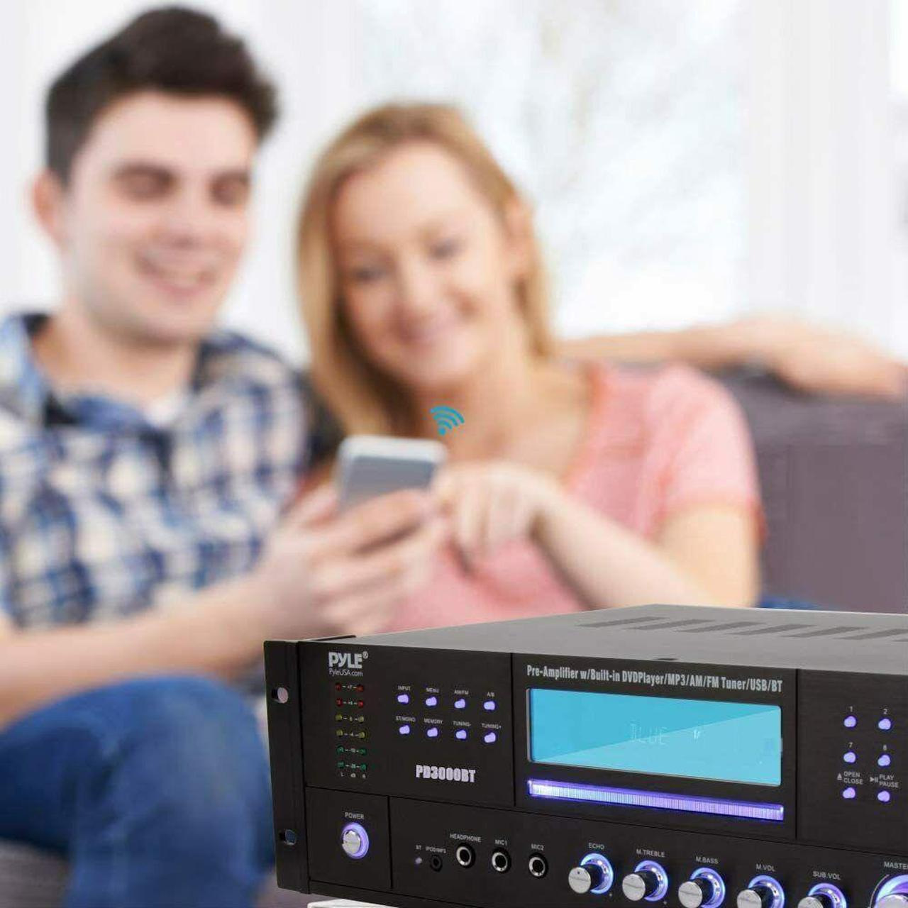 Alt view image 12 of 14 - 4-Channel Home Theater Bluetooth Preamplifier - 3000 Watt Stereo Speaker Home Audio Receiver Preamp w/ Radio, USB, 2 Microphone w/ Echo for Karaoke, CD DVD Player, LCD, Rack Mount - Pyle PD3000BT