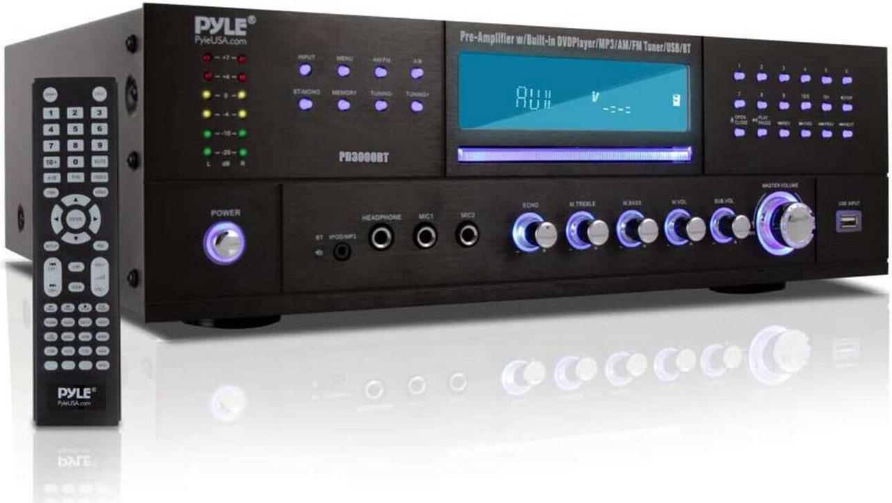 Alt view image 8 of 14 - 4-Channel Home Theater Bluetooth Preamplifier - 3000 Watt Stereo Speaker Home Audio Receiver Preamp w/ Radio, USB, 2 Microphone w/ Echo for Karaoke, CD DVD Player, LCD, Rack Mount - Pyle PD3000BT