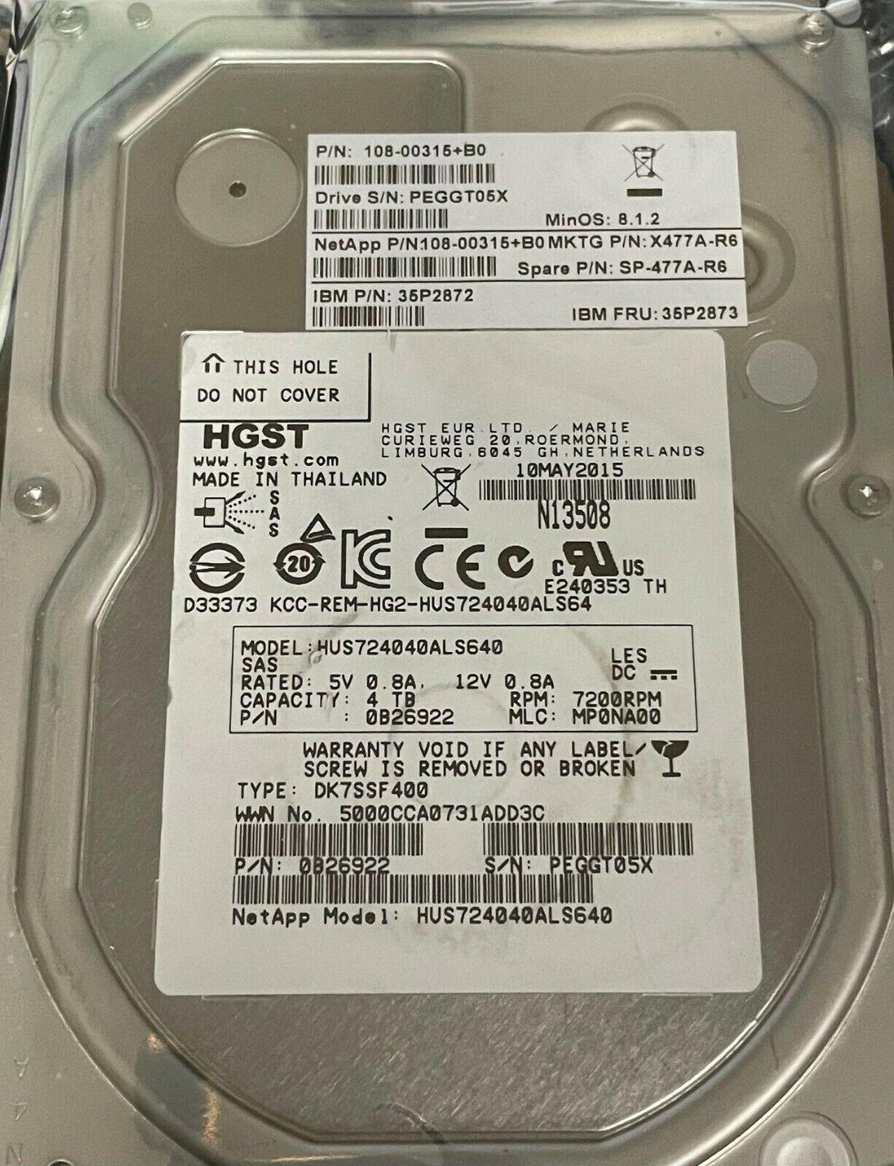 NetApp X477A-R6 4TB 7.2K SAS 3.5'' Hard Drive DS4243 DS4246 FAS2240 0B26922