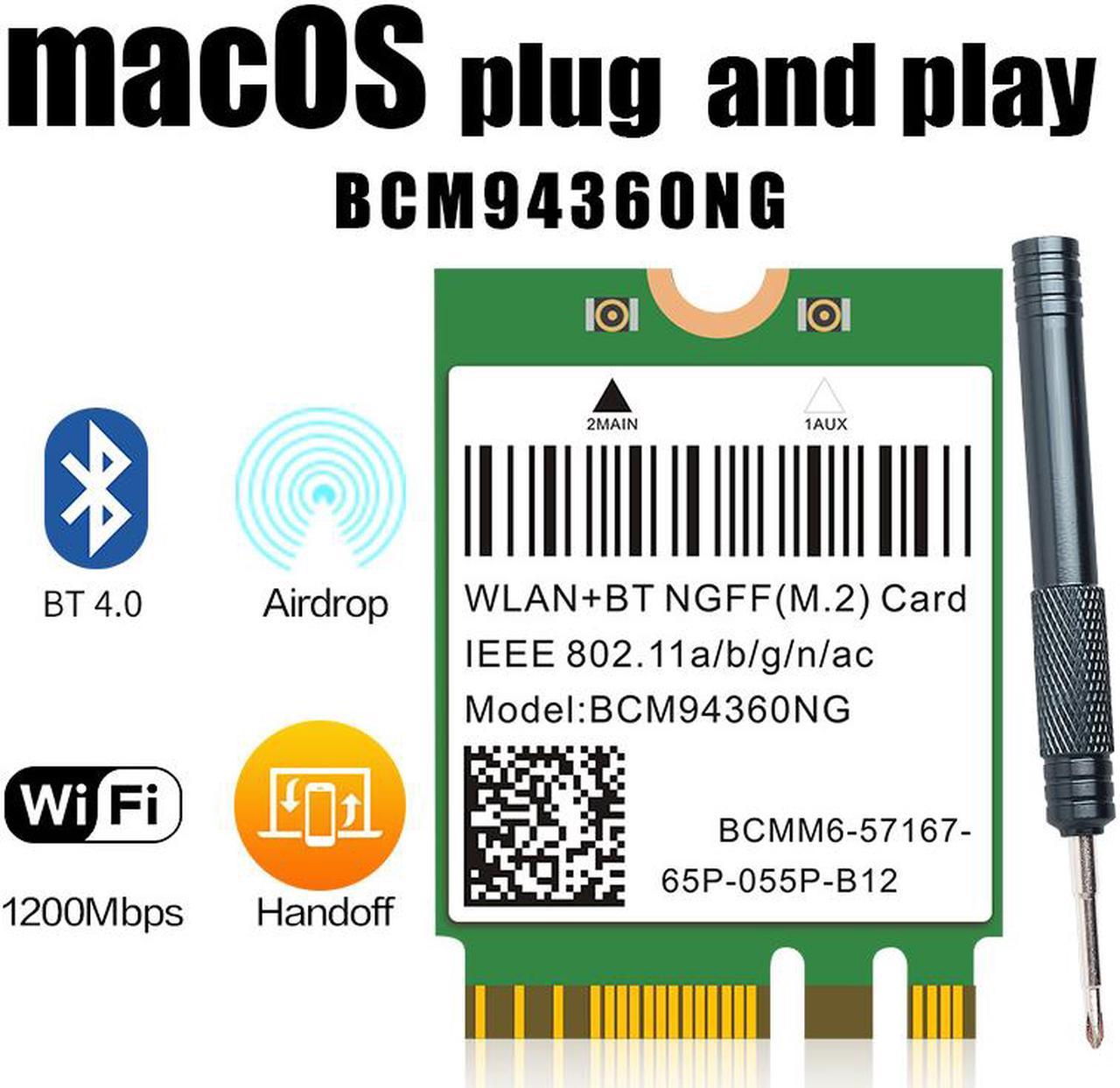 Hackintosh macOS Broadcom BCM94360NG M.2 NGFF Wifi Bluetooth 4.0 Wlan Wireless Adapter Dual band 2.4Ghz/5Ghz 1200Mbps 802.11ac Handoff Airdrop Network Card Better Than DW1560 BCM94352Z BCM94360CS2