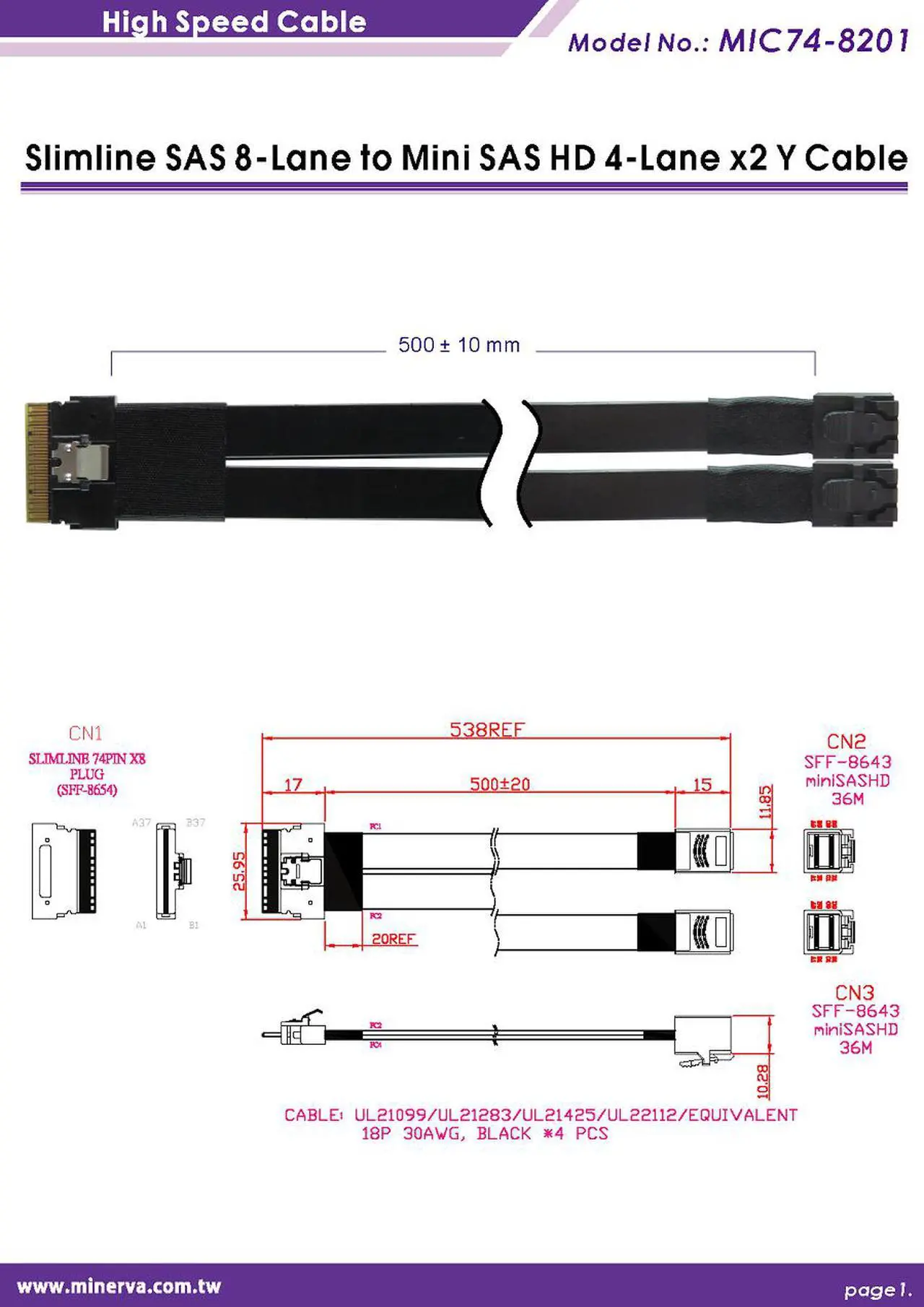 Alt view image 3 of 5 - SlimSAS (SFF-8654) 8-Lane to Mini SAS HD (SFF-8643) 4-Lane x2 Y Cable