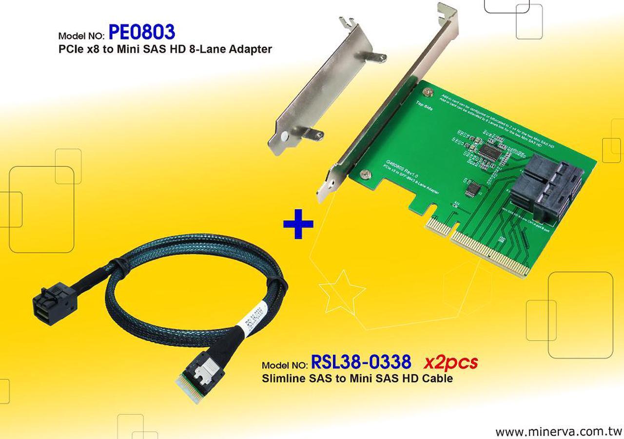 Main image of PCIe x8 Gen3 to Mini SAS HD (SFF-8643) 8-Lane Adapter with Mini SAS HD to Slimline SAS Cable x2 pcs KIT