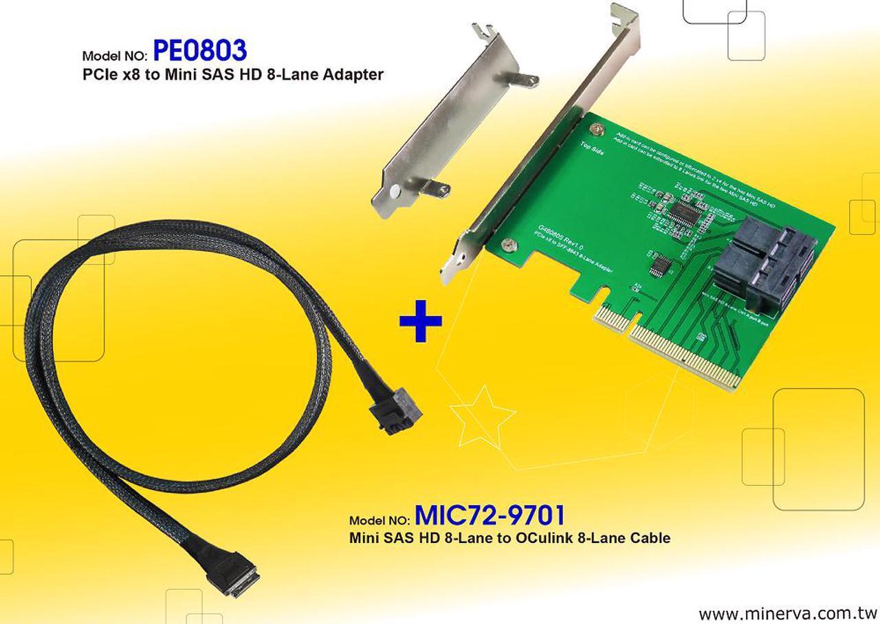 Main image of PCIe x8 Gen3 to Mini SAS HD (SFF-8643) 8-Lane Adapter with Mini SAS HD 8-Lane to OCulink 8-Lane Cable KIT
