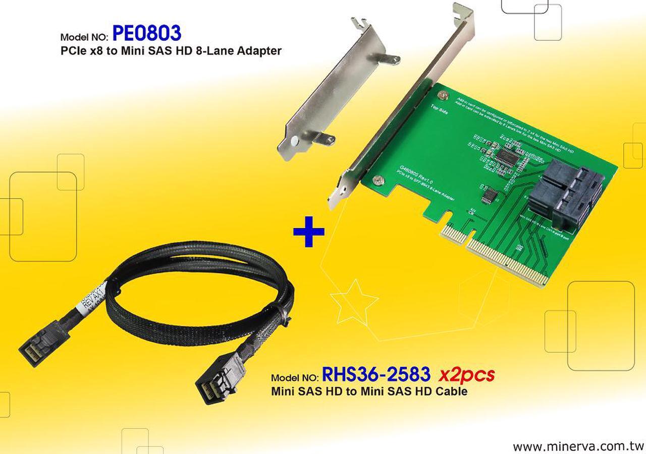 Main image of PCIe x8 Gen3 to Mini SAS HD (SFF-8643) 8-Lane Adapter with Mini SAS HD to Mini SAS HD Cable x2 pcs KIT