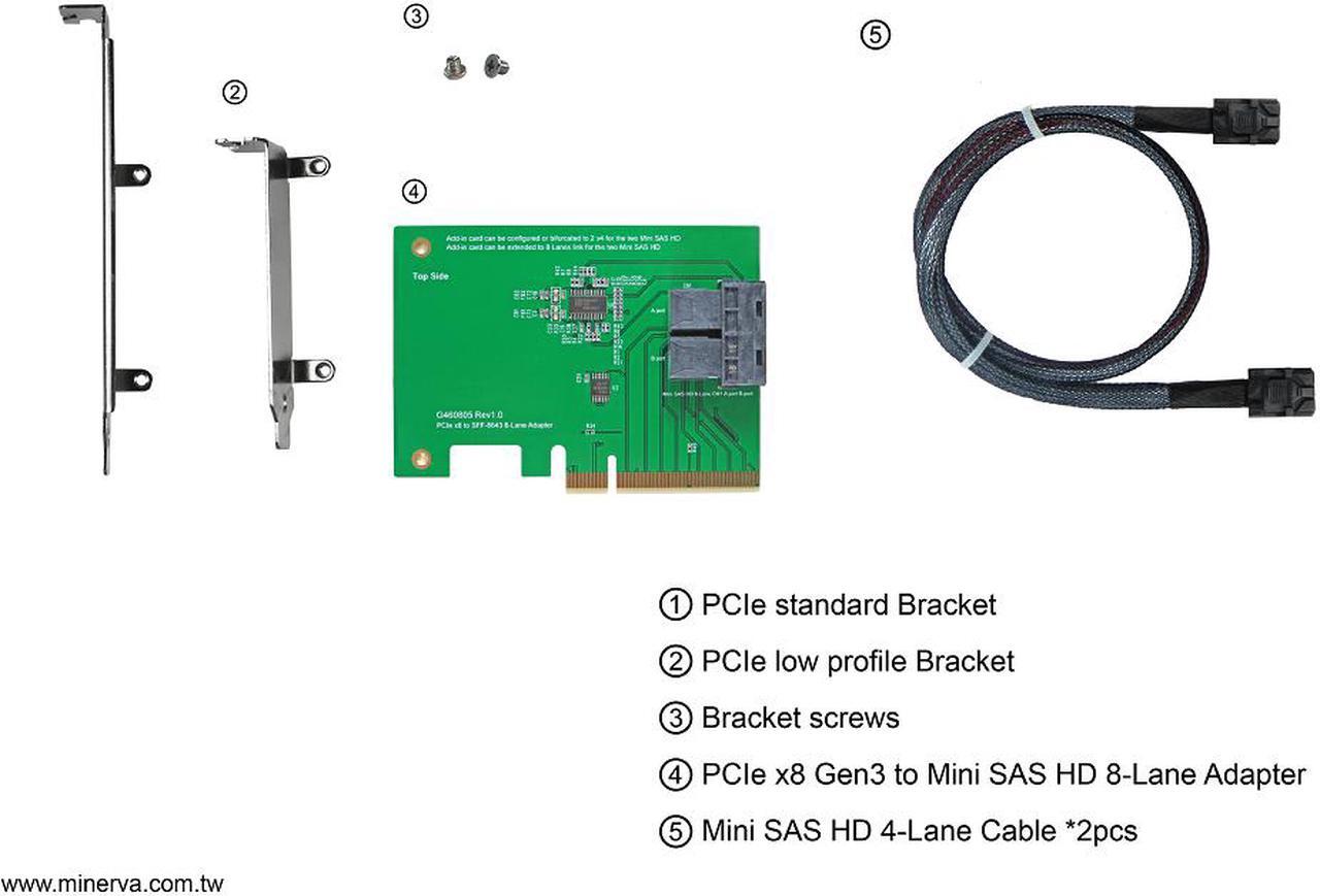 Alt view image 4 of 4 - PCIe x8 Gen3 to Mini SAS HD (SFF-8643) 8-Lane Adapter with Mini SAS HD to Mini SAS HD Cable x2 pcs KIT
