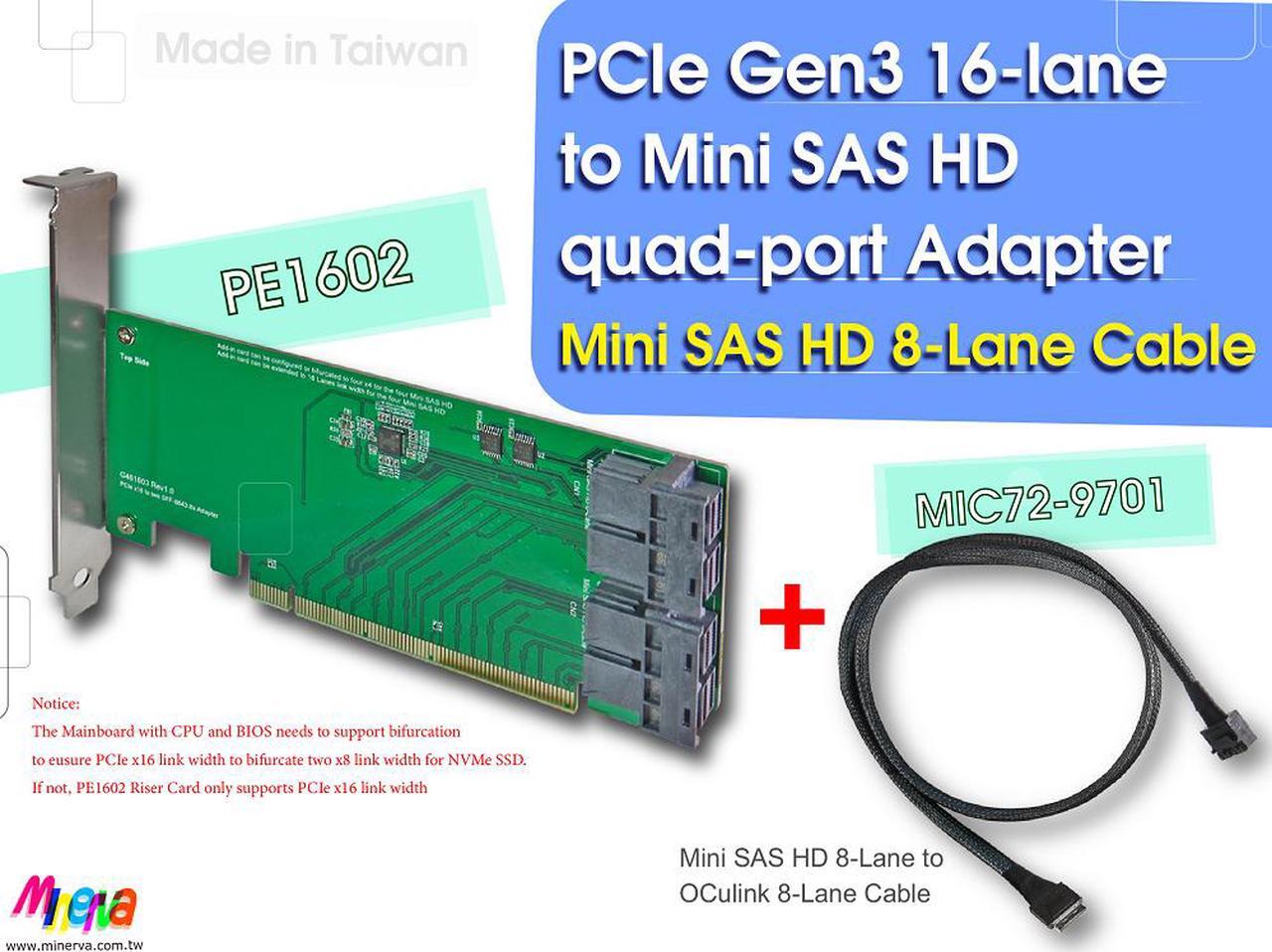 Main image of PCIe x16 Gen3 to Mini SAS HD (SFF-8643) quad-port Adapter with Mini SAS HD 8-Lane to OCulink (SFF-8611) 8-Lane Cable KIT