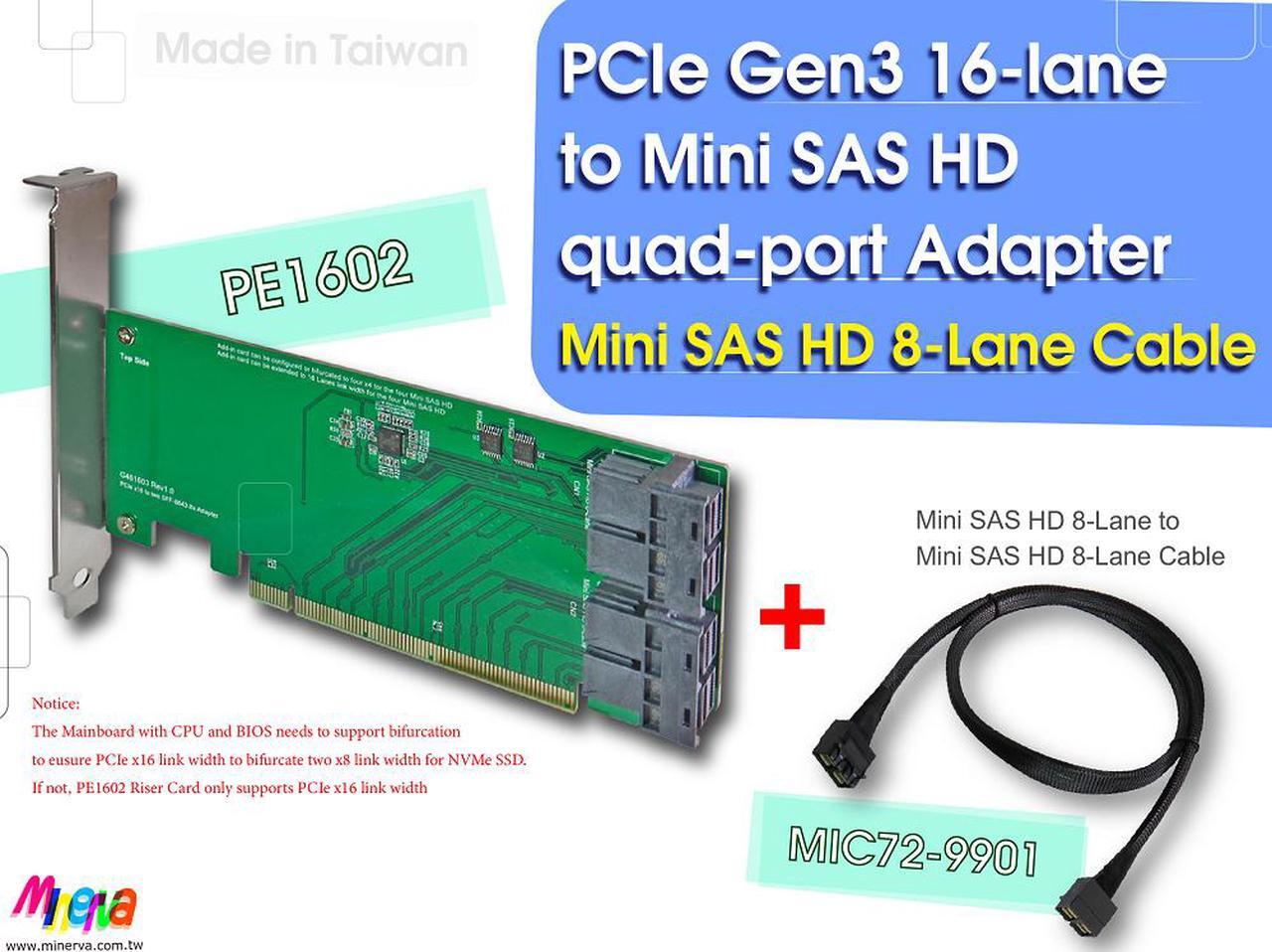 Main image of PCIe x16 Gen3 to Mini SAS HD (SFF-8643) quad-port Adapter with Mini SAS HD 8-Lane to Mini SAS HD 8-Lane Cable KIT