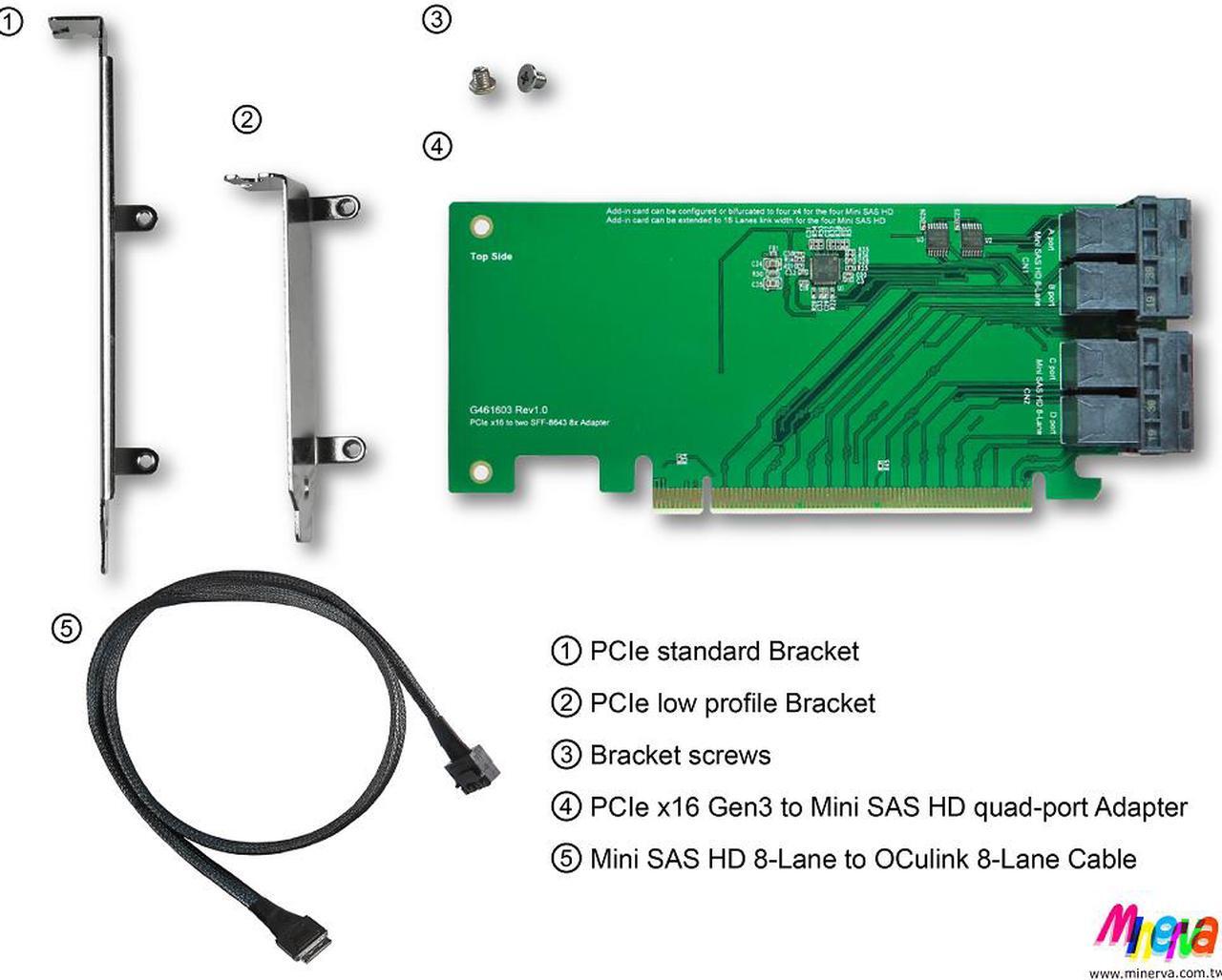 Alt view image 3 of 6 - PCIe x16 Gen3 to Mini SAS HD (SFF-8643) quad-port Adapter with Mini SAS HD 8-Lane to OCulink (SFF-8611) 8-Lane Cable KIT