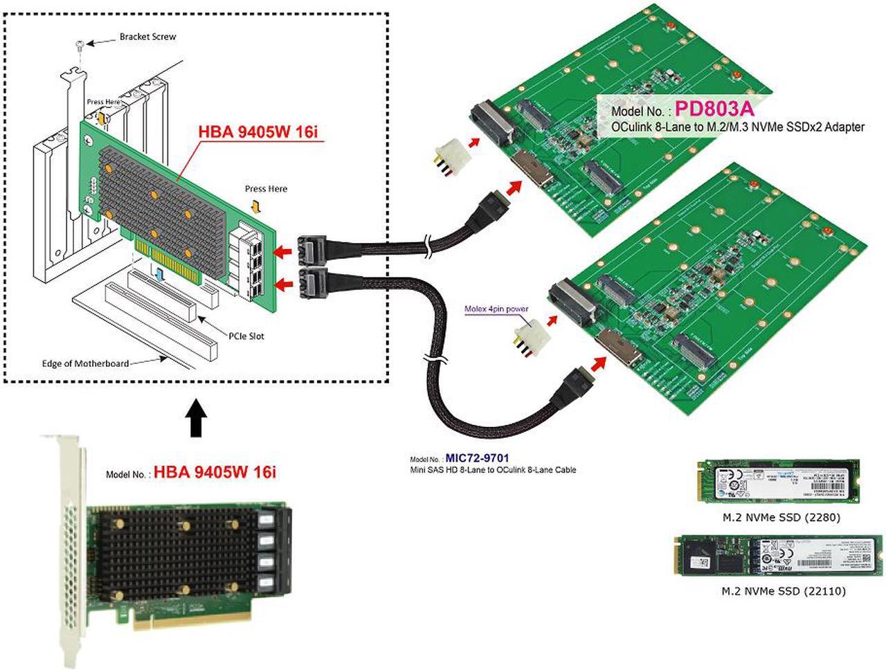 Alt view image 4 of 6 - PD803A - OCulink 8-Lane (SFF-8612 8i) to M.2 NVMe SSD for Tri-Mode HBA 9405W-16i with Mini SAS HD 8-Lane (SFF-8643 8x) to OCulink 8-Lane Cable KIT