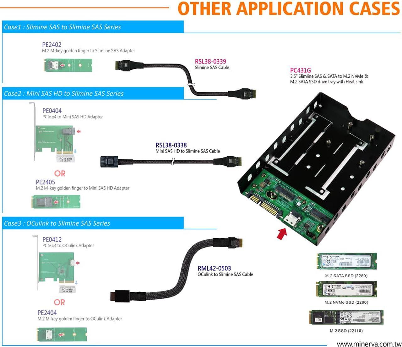 Alt view image 5 of 6 - Innocard 3.5" Slimline SAS & SATA to M.2 SSD x2 drive tray with Slimline SAS to Slimline SAS Cable KIT