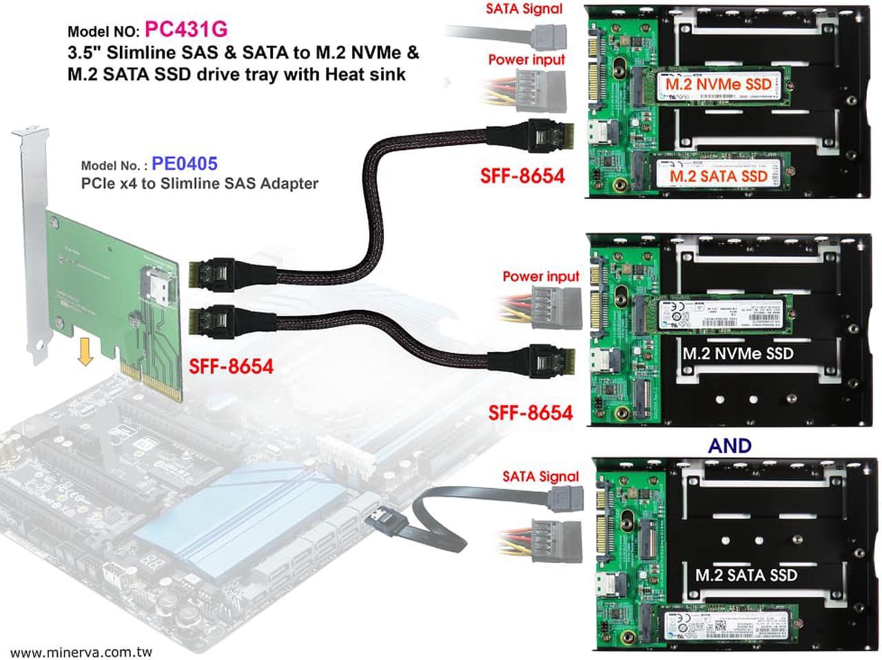 Alt view image 4 of 6 - Innocard 3.5" Slimline SAS & SATA to M.2 SSD x2 drive tray with Slimline SAS to Slimline SAS Cable KIT