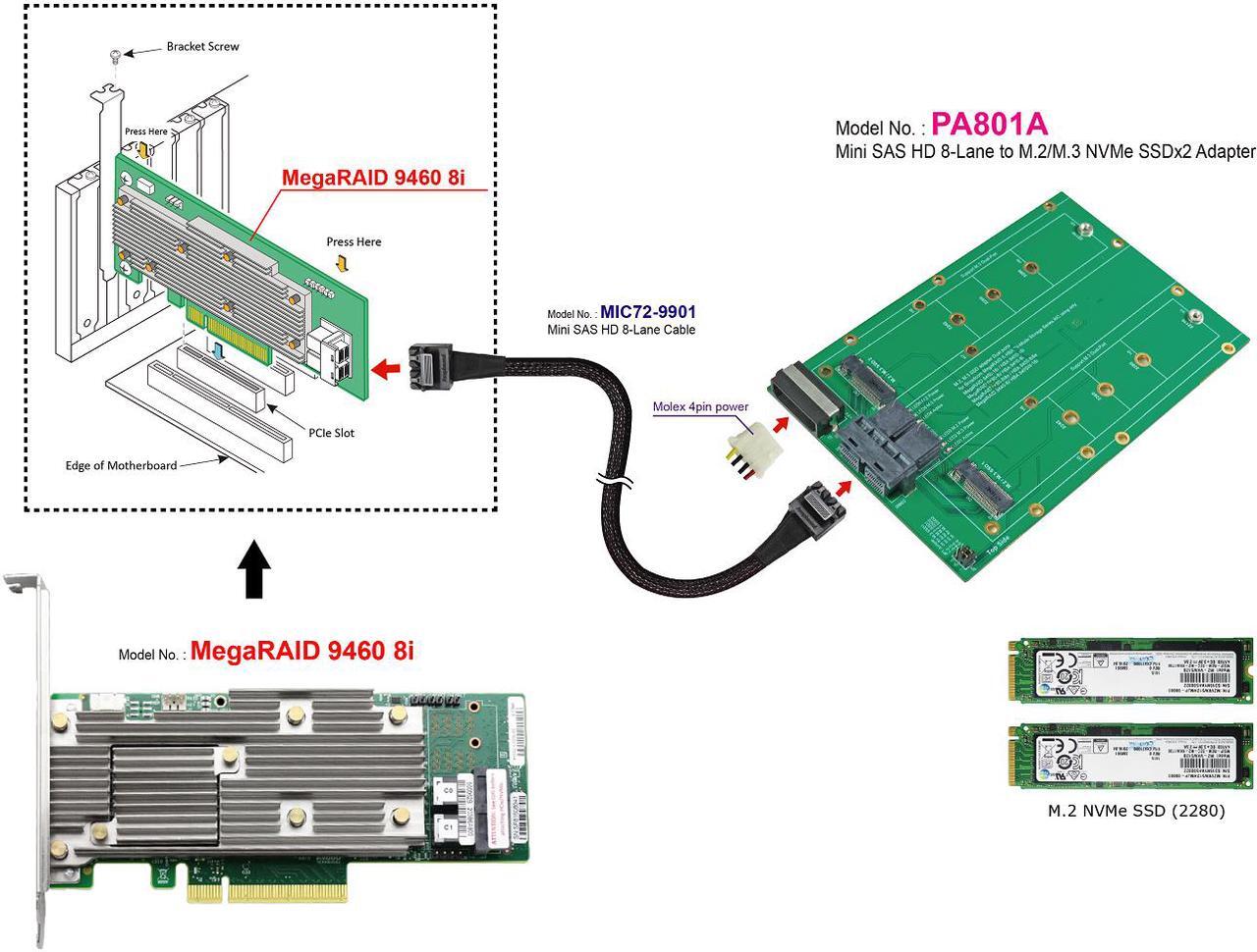 Alt view image 4 of 6 - Mini SAS HD 8x to M.2 NVMe SSD for Broadcom Tri-Mode MegaRaid 9460-8i