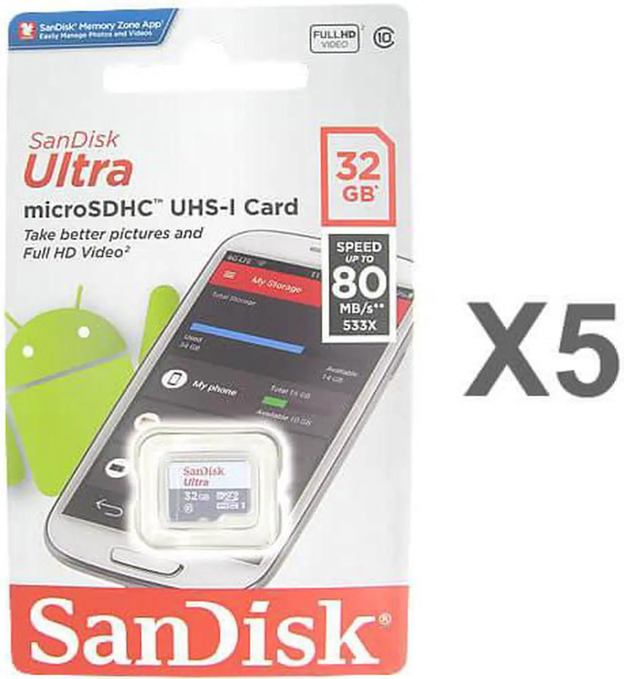 Main image of SanDisk 32GB microSDHC Class 10 SDSQUNS-032G-GN3MN Memory Card Retail (5 Pack)