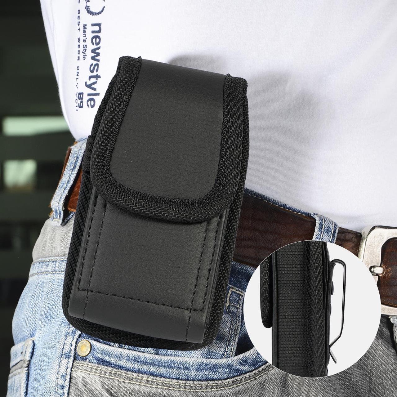 Alt view image 10 of 11 - case for kyocera flip phone, nakedcellphone black vegan leather vertical pouch [with belt loop, metal clip, magnetic closure] for duraxv extreme e4810, duraxv lte e4610, duraxe epic e4830, duraxtp