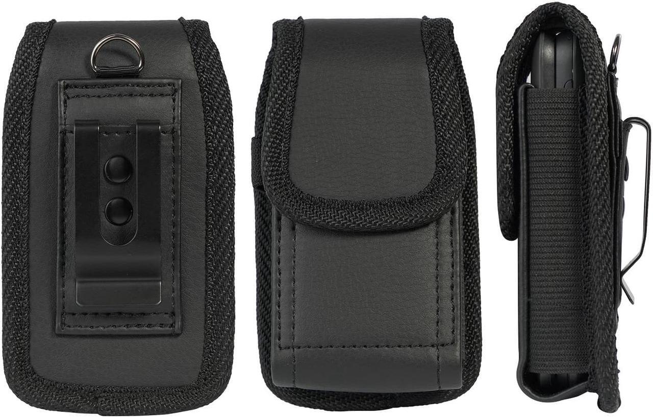 Alt view image 8 of 11 - case for kyocera flip phone, nakedcellphone black vegan leather vertical pouch [with belt loop, metal clip, magnetic closure] for duraxv extreme e4810, duraxv lte e4610, duraxe epic e4830, duraxtp