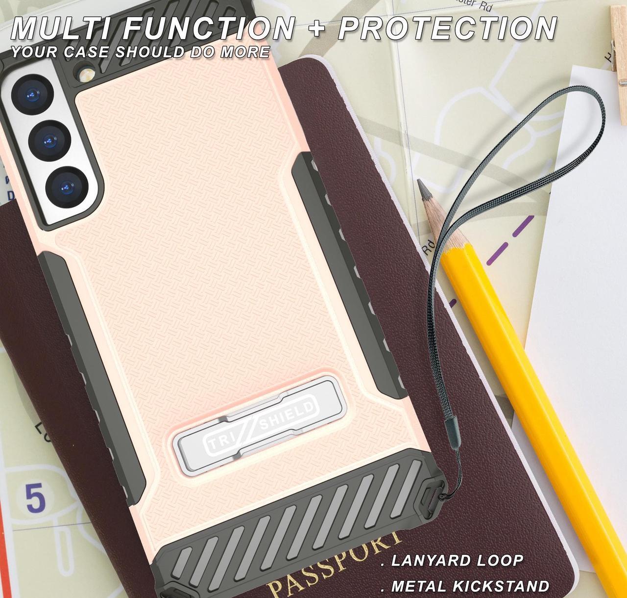 Alt view image 6 of 7 - Blush Pink Case Cover with Metal Kickstand and Strap for Galaxy S22 5G