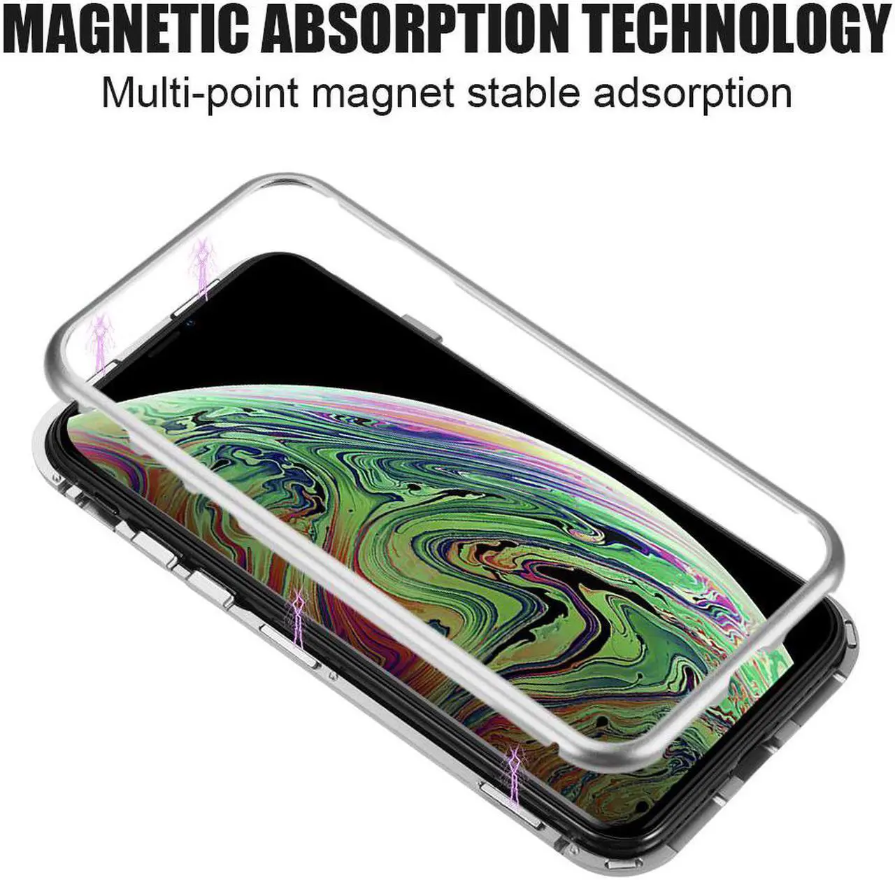 Alt view image 3 of 7 - Silver Magnetic Snap Case Cover Clear Tempered Glass Back for iPhone XR 10R 6.1"