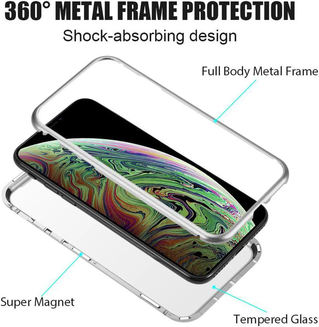 Alt view image 4 of 7 - Silver Magnetic Snap Case Cover Clear Tempered Glass Back for iPhone XR 10R 6.1"