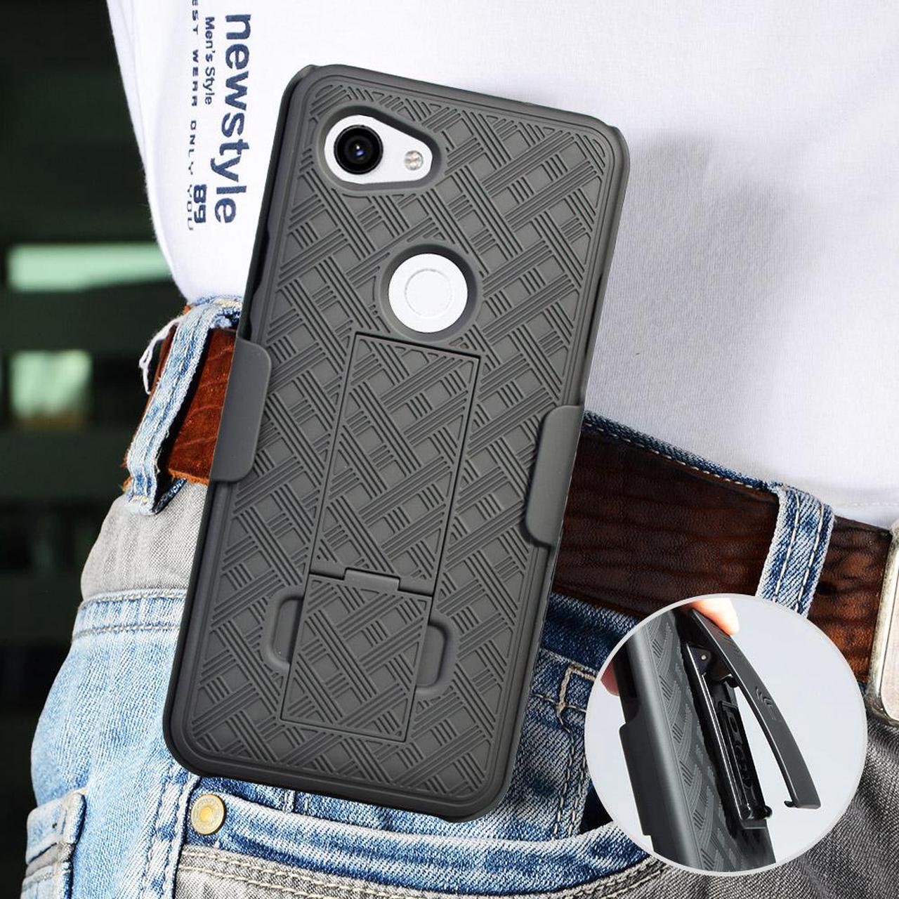 Alt view image 6 of 7 - Black Case Kickstand Cover Belt Clip Holster Combo for Google Pixel 3a XL (3aXL)