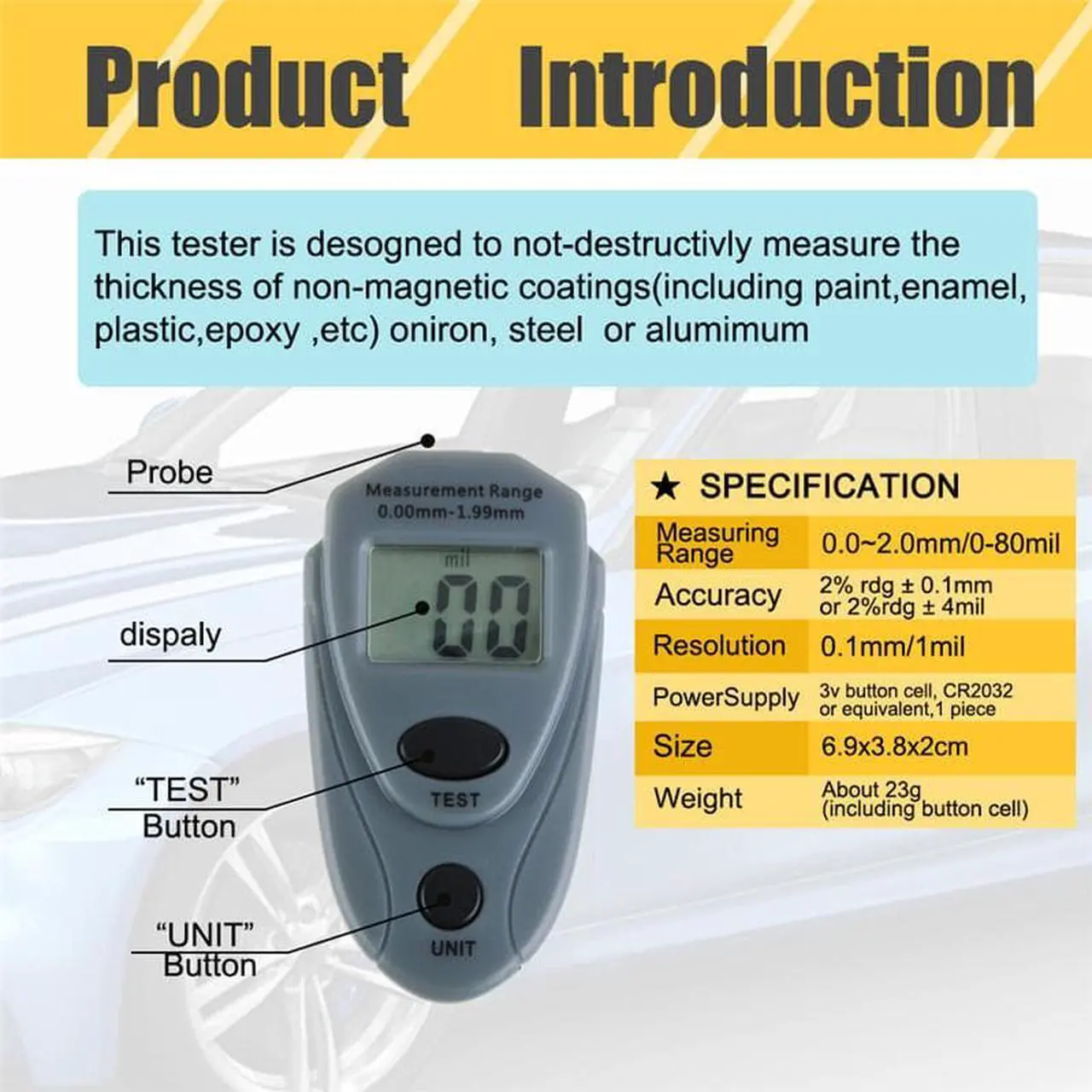 Alt view image 4 of 4 - EM2271 Mini Digital Coating Thickness Gauge Painting Thickness Tester Meter Iron Base Magnetic Zinc Coating Paint with Calibration Sheet