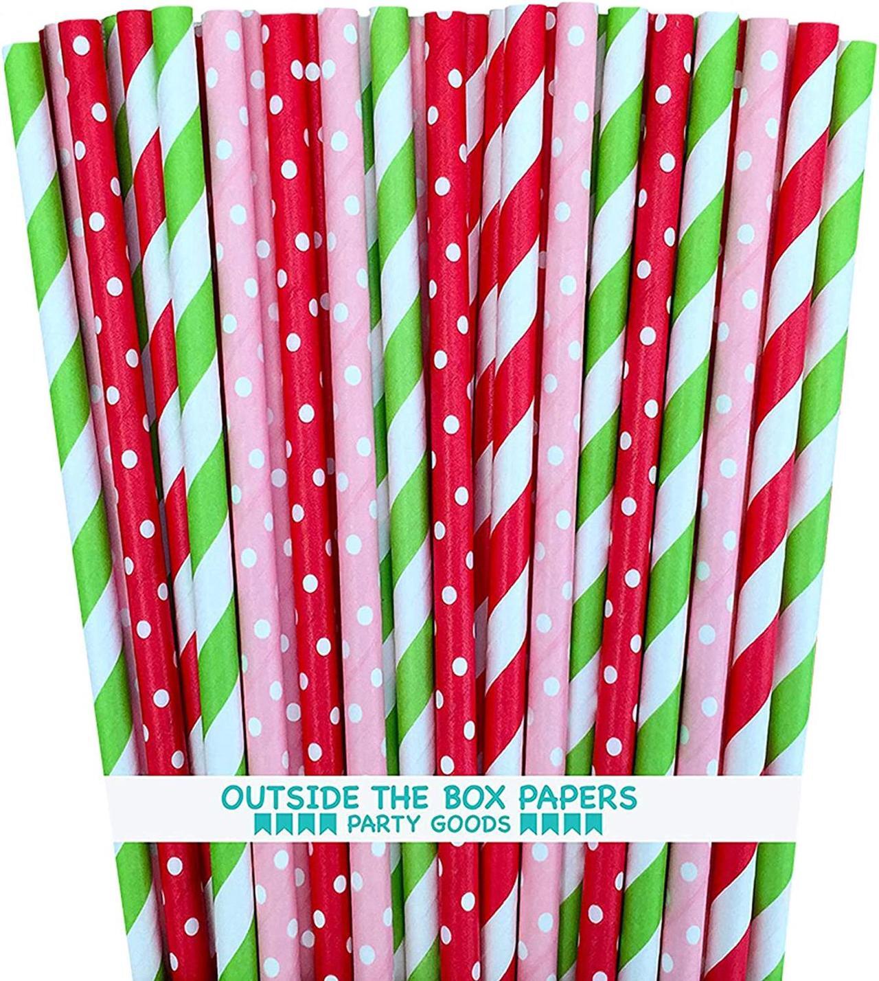 Main image of Outside the Box Papers Strawberry Shortcake Theme Polka Dot and Striped Paper Straws 7.75 Inches 100 Pack Red, Pink, Lime Green, White