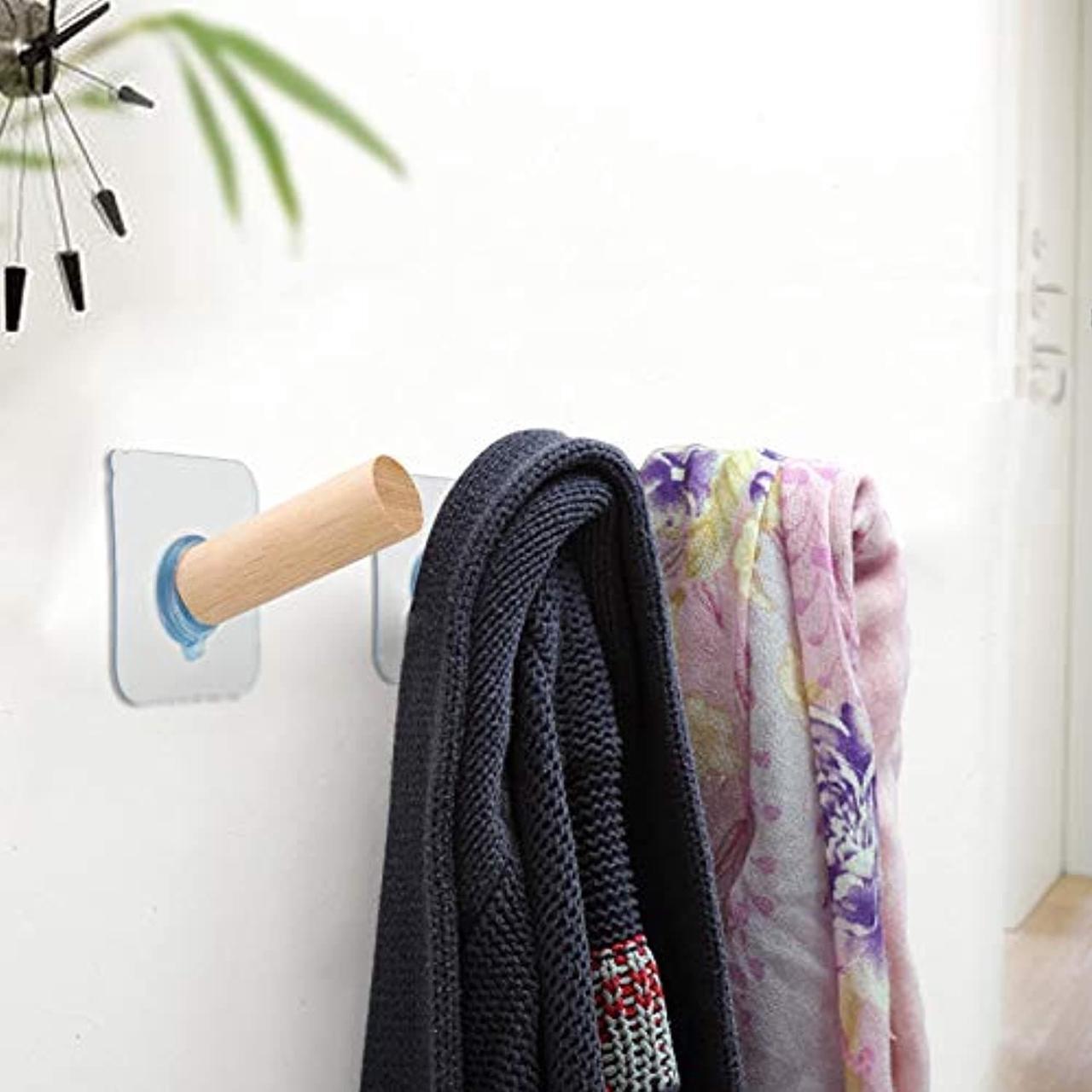 Alt view image 6 of 6 - Adhesive Hooks Hat Hooks Wall Mounted Natural Extended Wooden Pegs Handmade Craft Wood Hooks Hanger for Door Bathroom Cloest Entryway Wardrobe-8 Pack