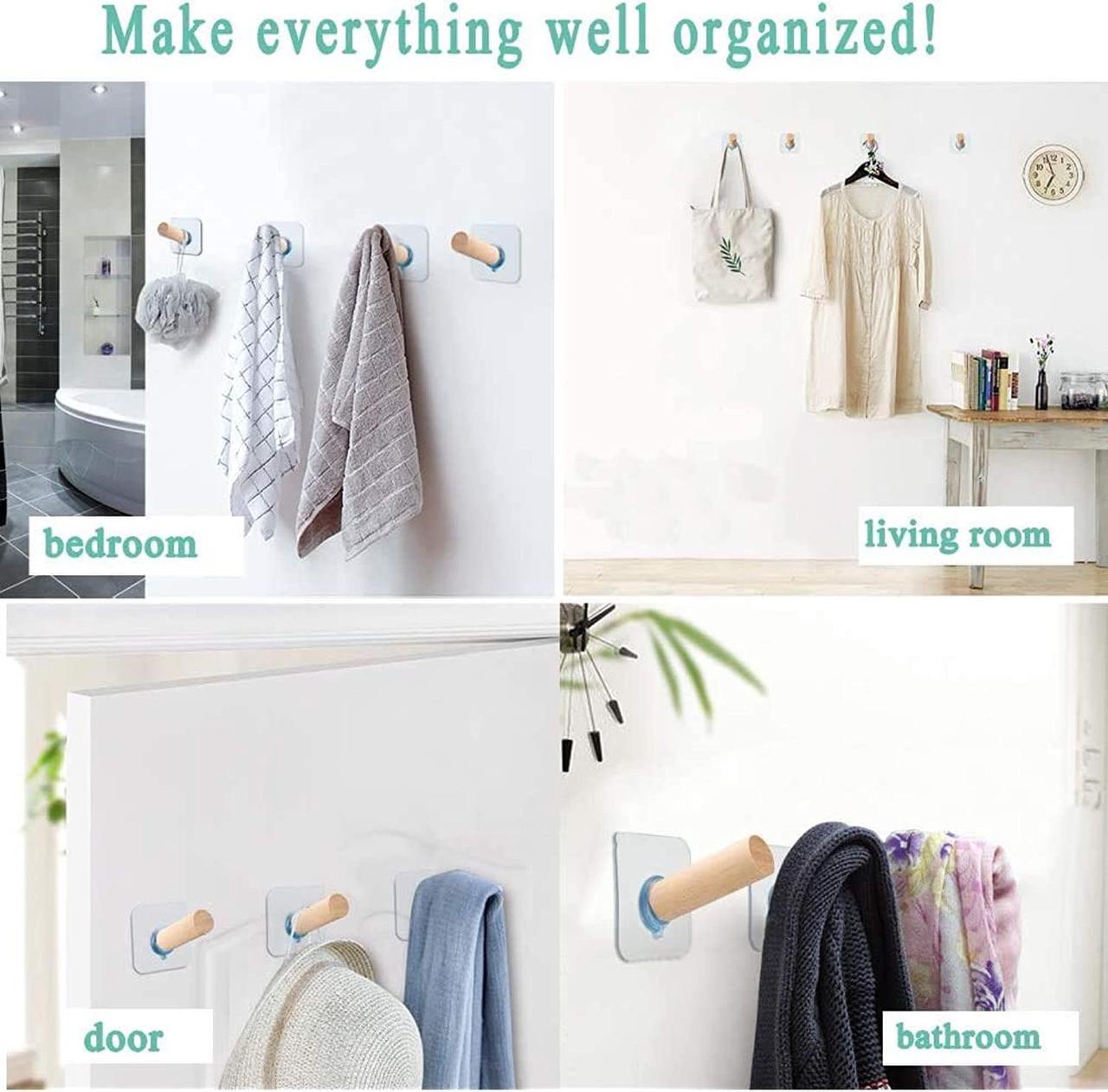 Alt view image 5 of 6 - Adhesive Hooks Hat Hooks Wall Mounted Natural Extended Wooden Pegs Handmade Craft Wood Hooks Hanger for Door Bathroom Cloest Entryway Wardrobe-8 Pack