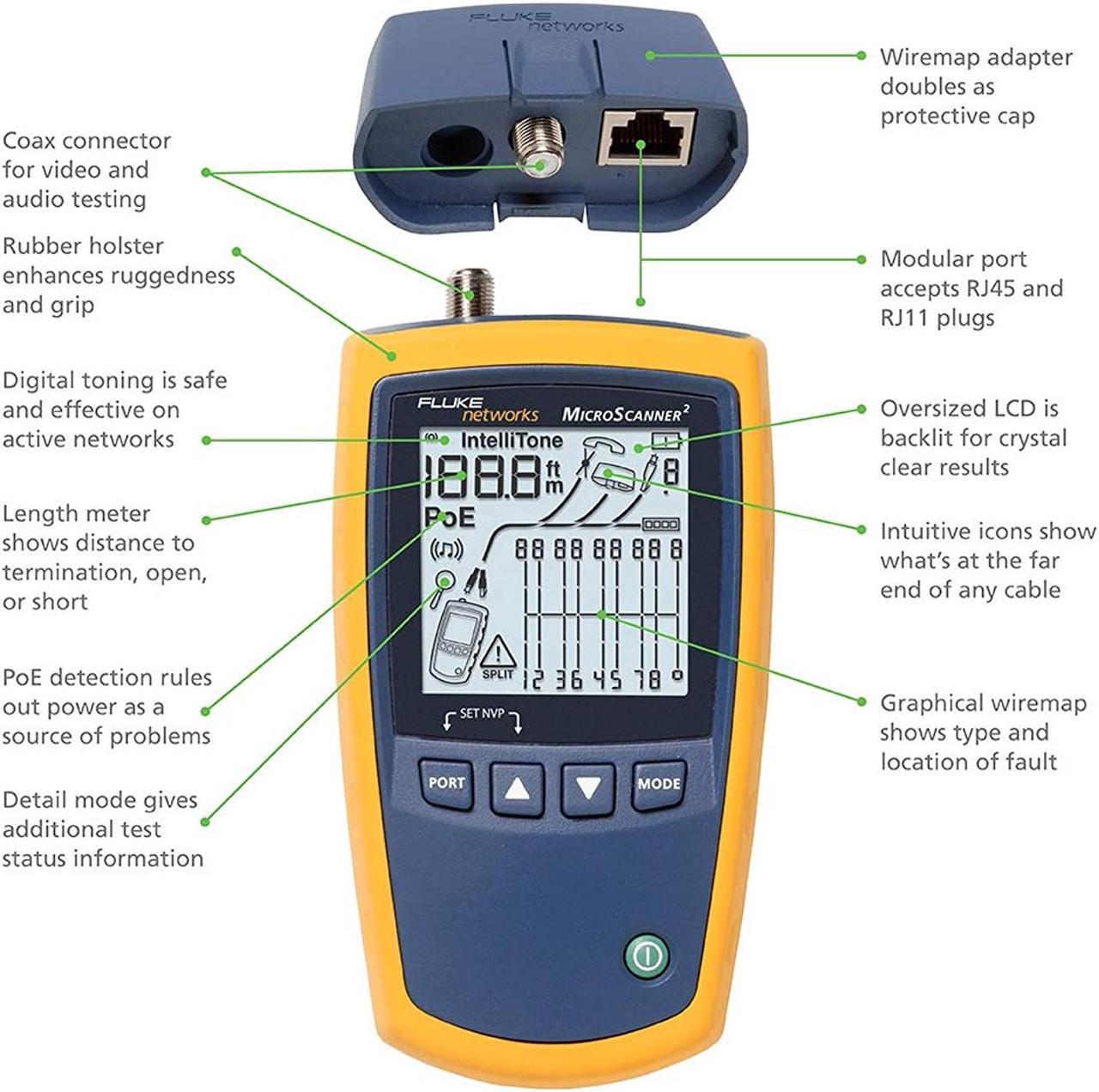 Alt view image 2 of 7 - Fluke Networks MS2-100 MicroScanner2 Copper Cable Verifier with Built-In IntelliTone Toning, Troubleshoots RJ11, RJ45, Coax, Tests 10/100/1000Base-T, and VoiP