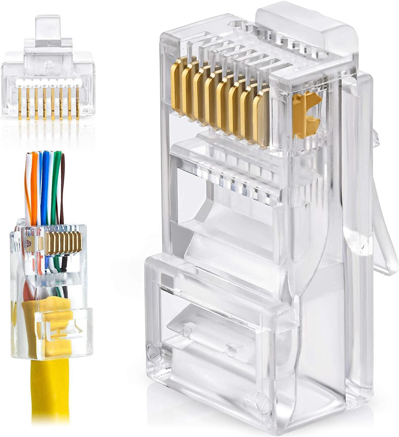 RJ45 Cat6 Pass Through Connectors Pack of 100 | EZ Crimp Connector UTP Network Plug for Unshielded Twisted Pair Solid Wire & Standard Cables | Transparent Passthrough Ethernet Insert