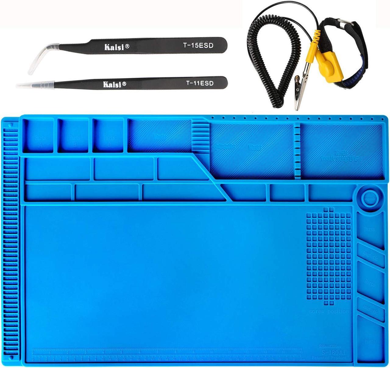 Main image of Kaisi S-180 Large Silicone Soldering Mat Magnetic Repair Work Mat, Heat Resistant Insulation Large Platform Station Pad for Soldering, Electronics, Computer Repair, Size 21.6 x 13.8 inch