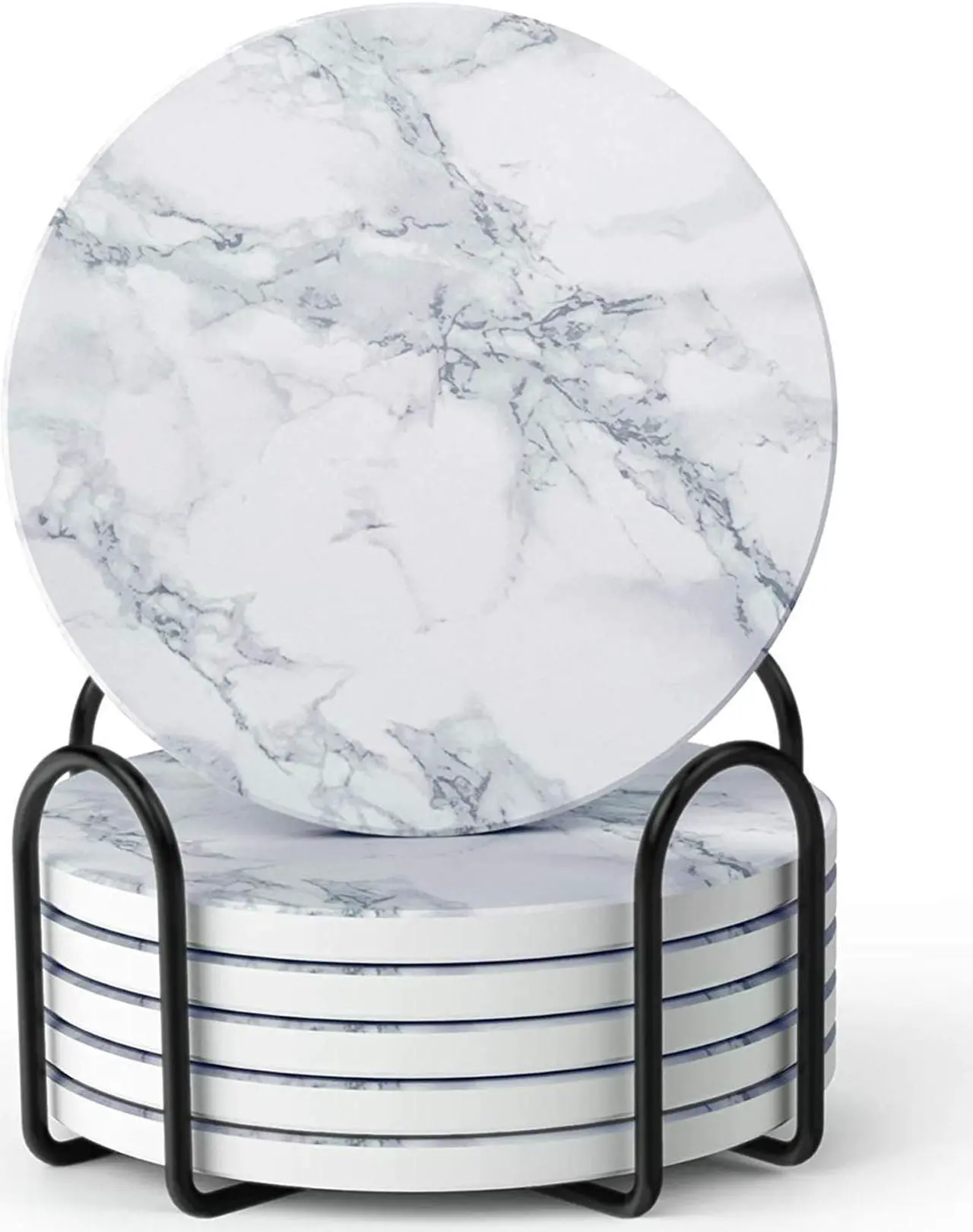 LIFVER Coasters for Drinks, White Marble-Style Absorbent Coasters with Holder, Housewarming Gifts for Home Decor, Suitable for Kinds of Cups, 4 Inches, Set of 6