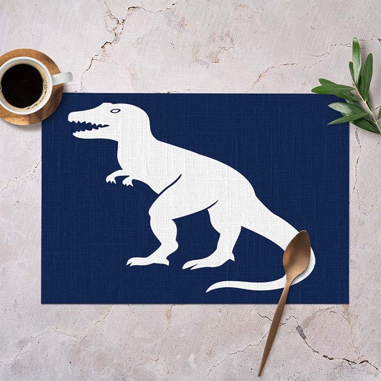 Alt view image 2 of 3 - Mugod Dinosaur Placemats Prehistoric Tyrannosaurus Dinosaur in Navy Paleontologist Decorative Heat Resistant Non-Slip Washable Place Mats for Kitchen Table Mats Set of 4 12"x18"