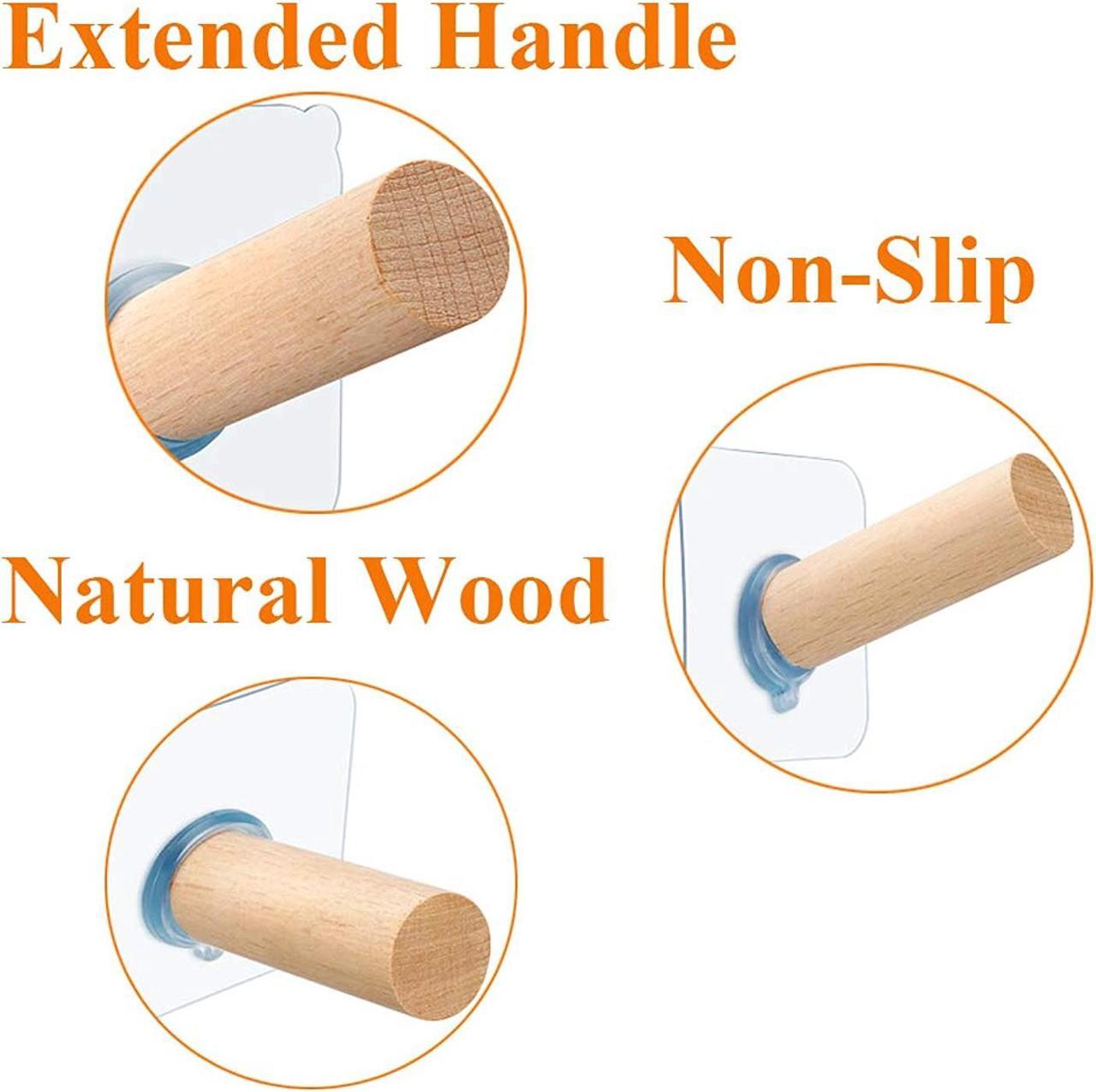 Alt view image 3 of 6 - Adhesive Hooks Hat Hooks Wall Mounted Natural Extended Wooden Pegs Handmade Craft Wood Hooks Hanger for Door Bathroom Cloest Entryway Wardrobe-8 Pack