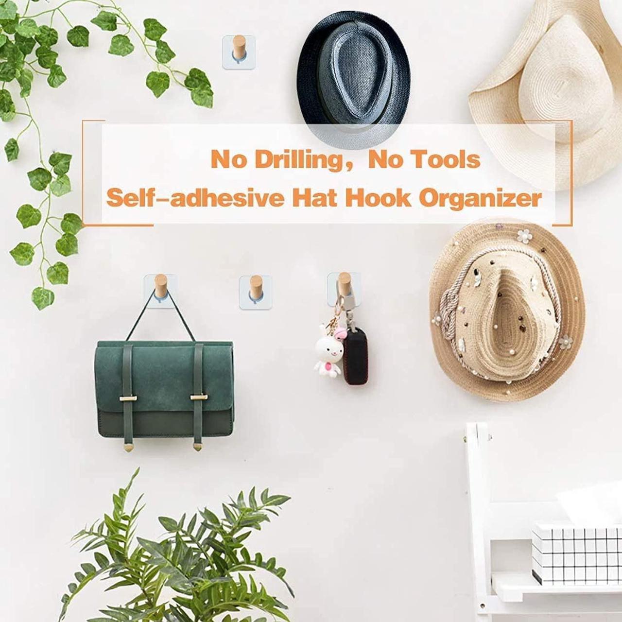 Alt view image 4 of 6 - Adhesive Hooks Hat Hooks Wall Mounted Natural Extended Wooden Pegs Handmade Craft Wood Hooks Hanger for Door Bathroom Cloest Entryway Wardrobe-8 Pack