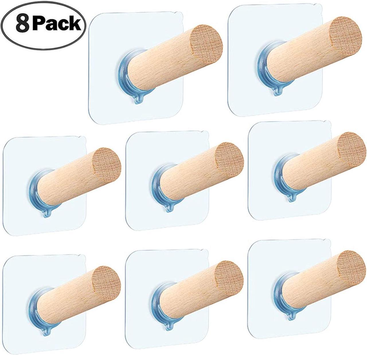 Main image of Adhesive Hooks Hat Hooks Wall Mounted Natural Extended Wooden Pegs Handmade Craft Wood Hooks Hanger for Door Bathroom Cloest Entryway Wardrobe-8 Pack