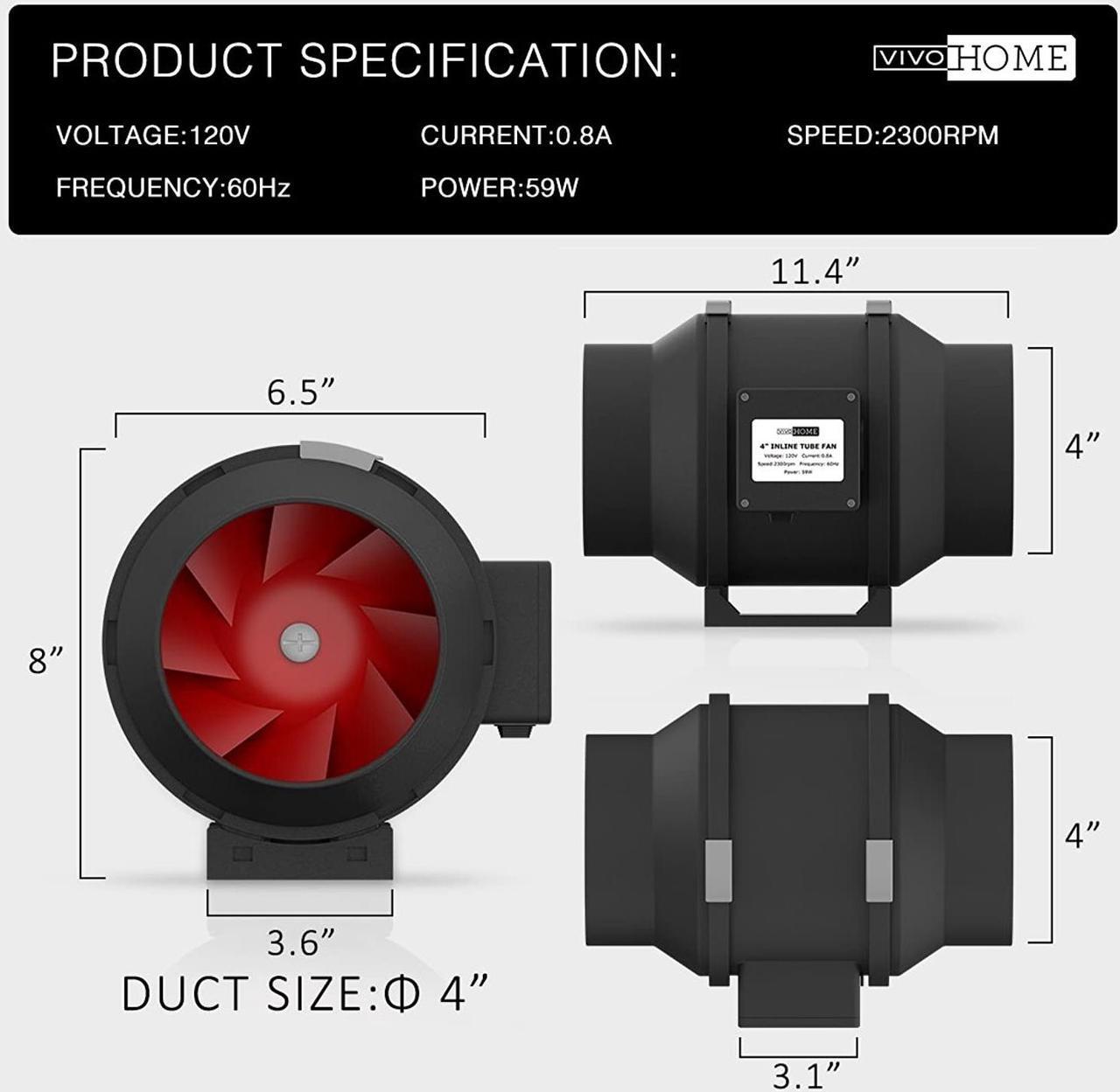 Alt view image 5 of 6 - VIVOHOME 4 Inch 188 CFM Black Round Exhaust Inline Duct Fan with Variable Speed Controller for Indoor Garden Ventilation