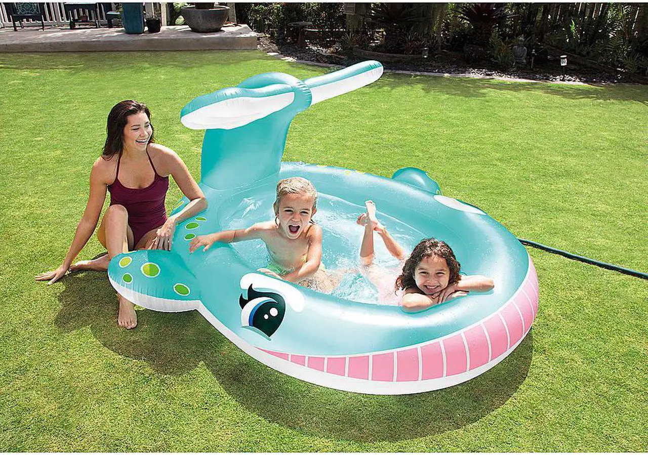 Alt view image 7 of 10 - Intex 57440EP 79" x 77" x 36" Inflatable Whale Spray Kiddie Pool for Kids 2+
