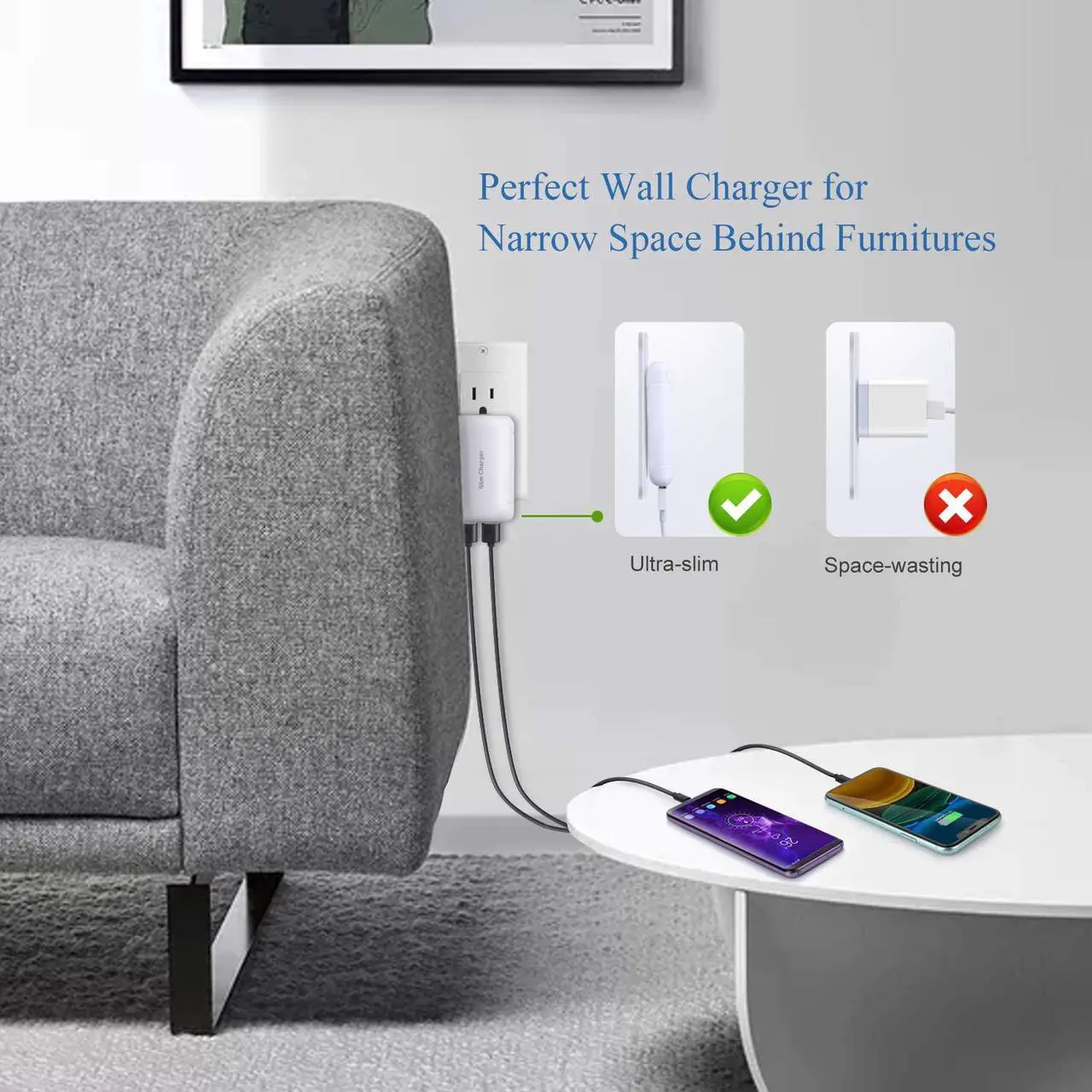 Alt view image 3 of 7 - Excgood Flat USB Wall Charger - Slim USB Plug for Wall Outlet, Compatible with iPhone 16 15 14 Pro Max/13/12/11/Xr/Xs/X, Galaxy A03s/A13/A12/S22/S21/S20/10/9/8, Webcam - 2-Pack, White