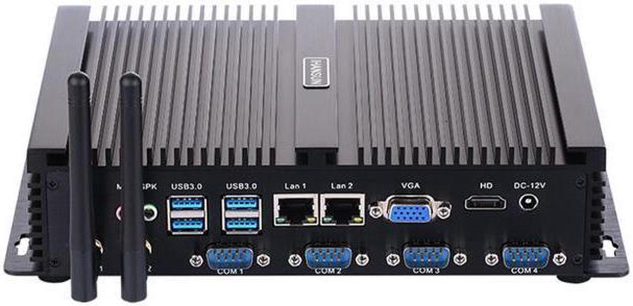 Fanless Industrial PC, Mini Computer, Intel Celeron 1037U, HUNSN IM02, Windows XP / 11 or Linux Ubuntu, WiFi, BT, VGA, HDMI, 2 x LAN, 4 x COM RS232, 4 x USB2.0, 4 x USB3.0, 8G RAM, 256G SSD