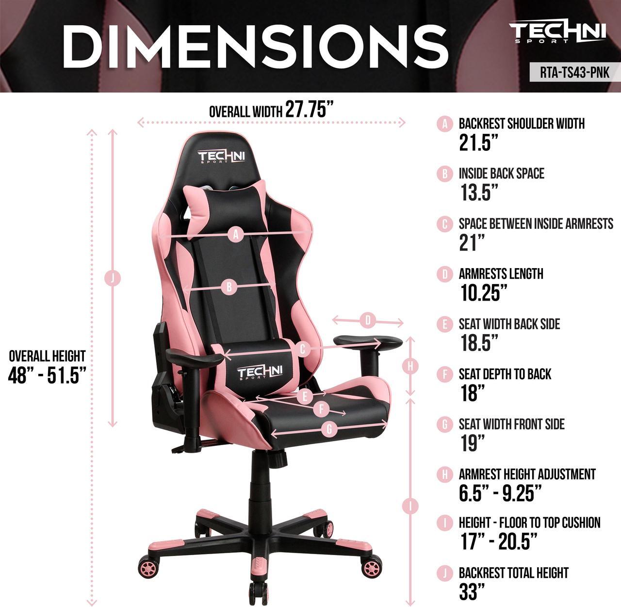 Alt view image 6 of 20 - Techni Sport TS43 High Back Racing Chair with Padded Arms, PC Gaming Chair with Height and Tilt Adjustment, Pink