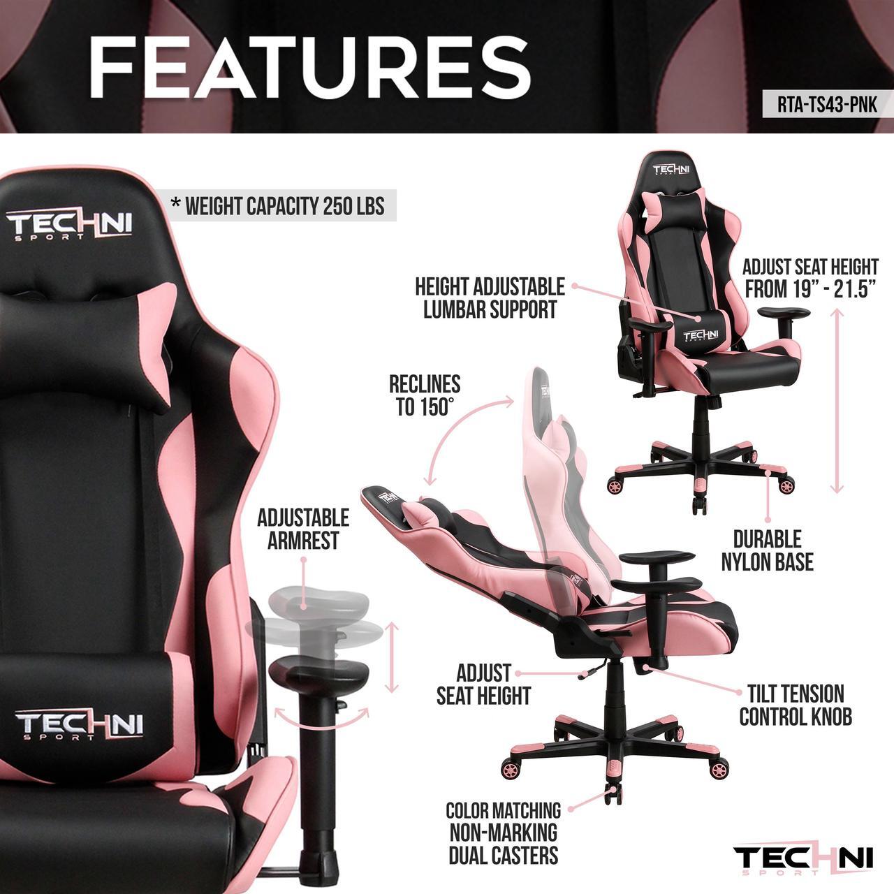 Alt view image 7 of 20 - Techni Sport TS43 High Back Racing Chair with Padded Arms, PC Gaming Chair with Height and Tilt Adjustment, Pink