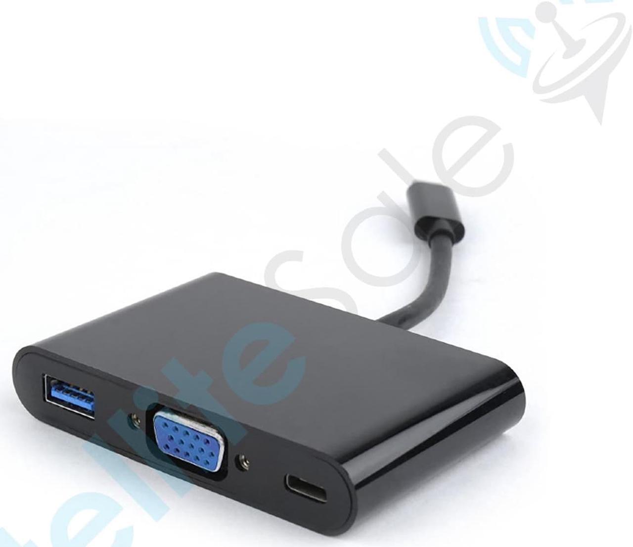 SatelliteSale USB Type C to Female USB 3.0/VGA/USB-C Multiport Converter 5Gbps 1080p PVC Black