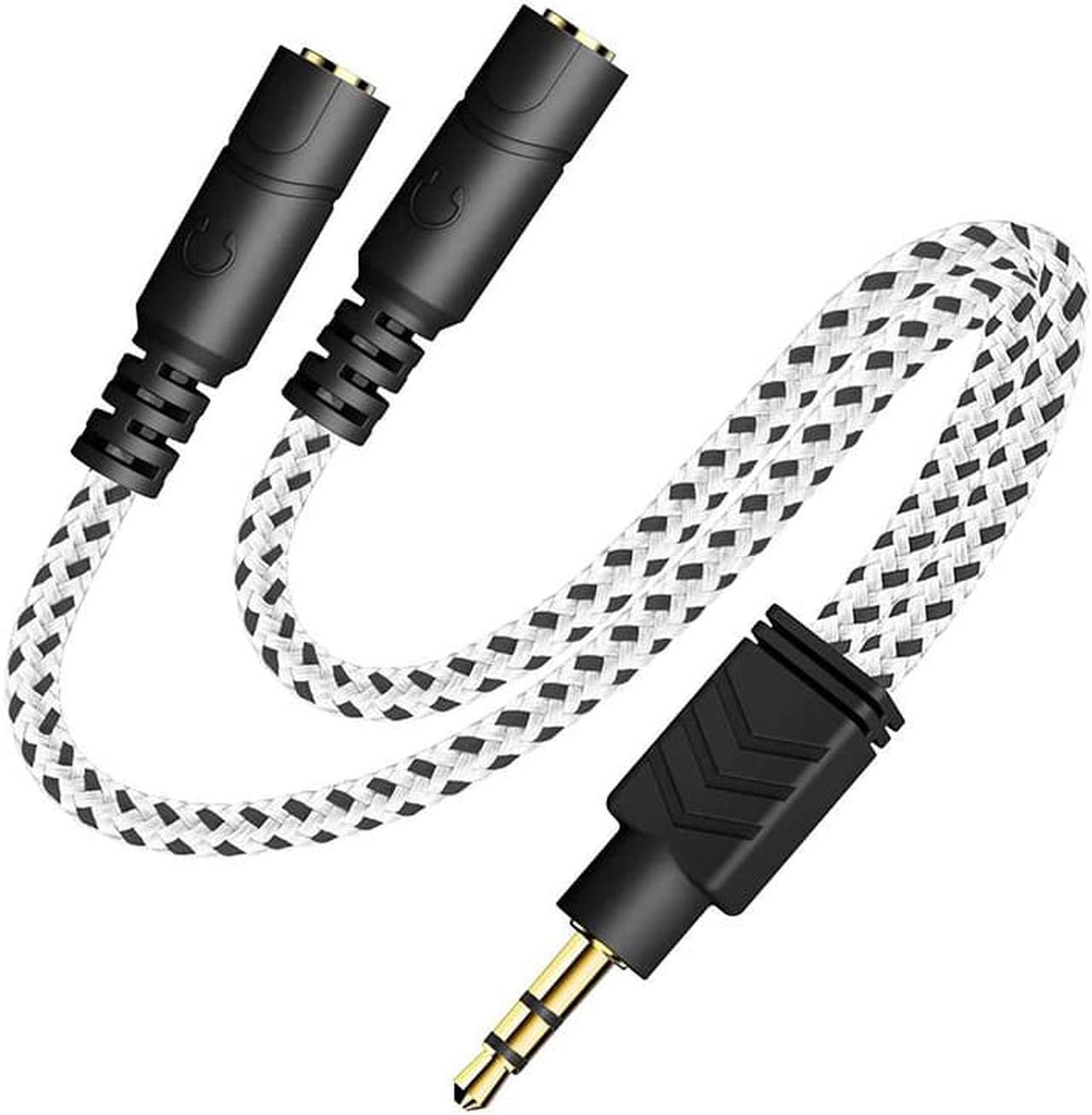 Headphone Splitter, Knitted 3.5mm Audio Splitter TRS 3 Pole Splitter Cable for Headphones Earphones Speakers (Zebra White) (1pcs)